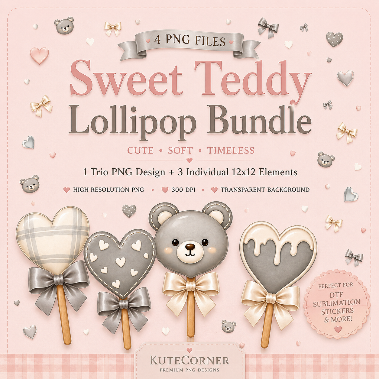 Neutral Love Pops PNG Bundle | Cute Teddy & Heart Lollipop PNG Set | 5 High-Resolution PNG Files