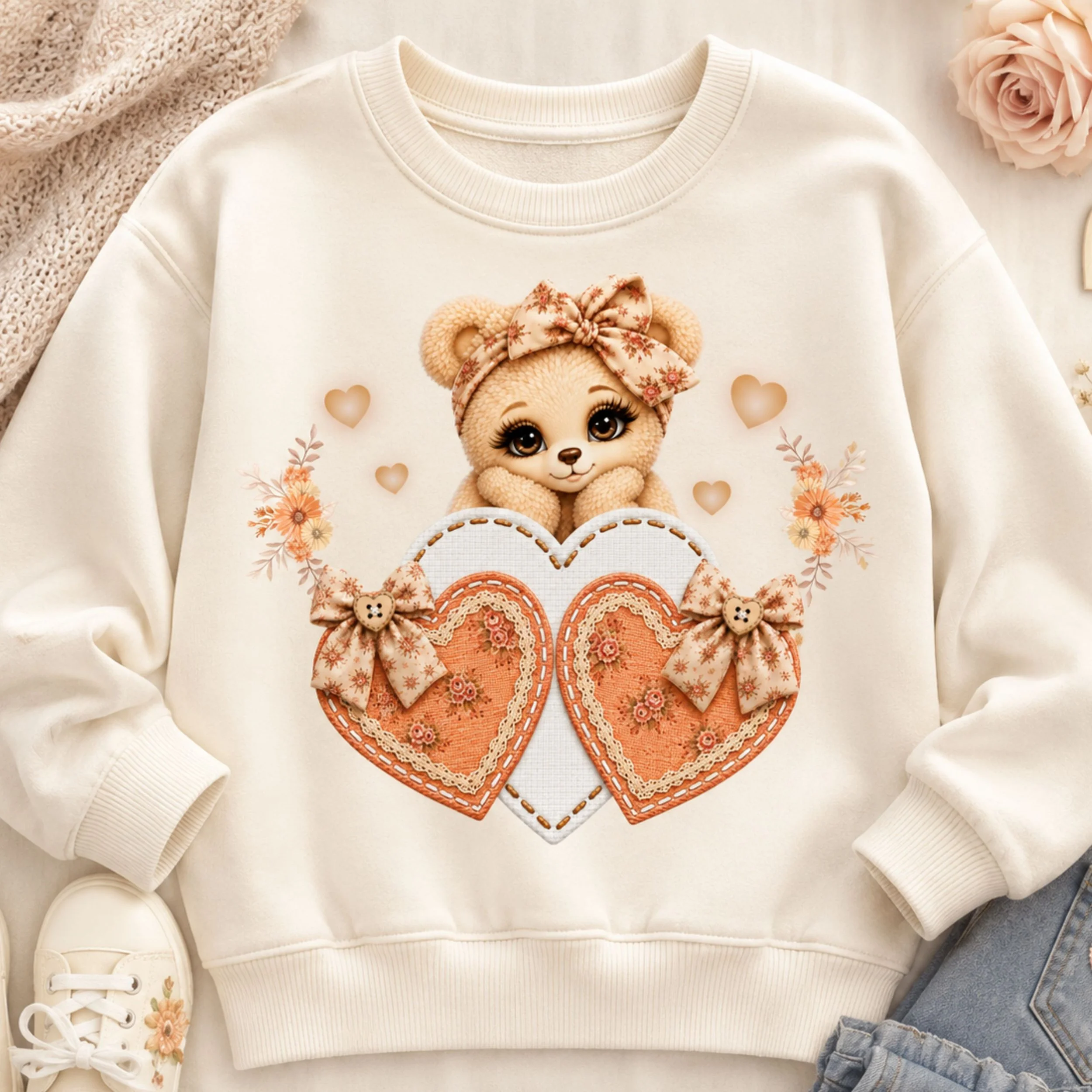 Vintage Floral Teddy PNG | Cute Teddy Bear PNG | Floral Heart PNG | DTF Sublimation Design | Printable PNG Download