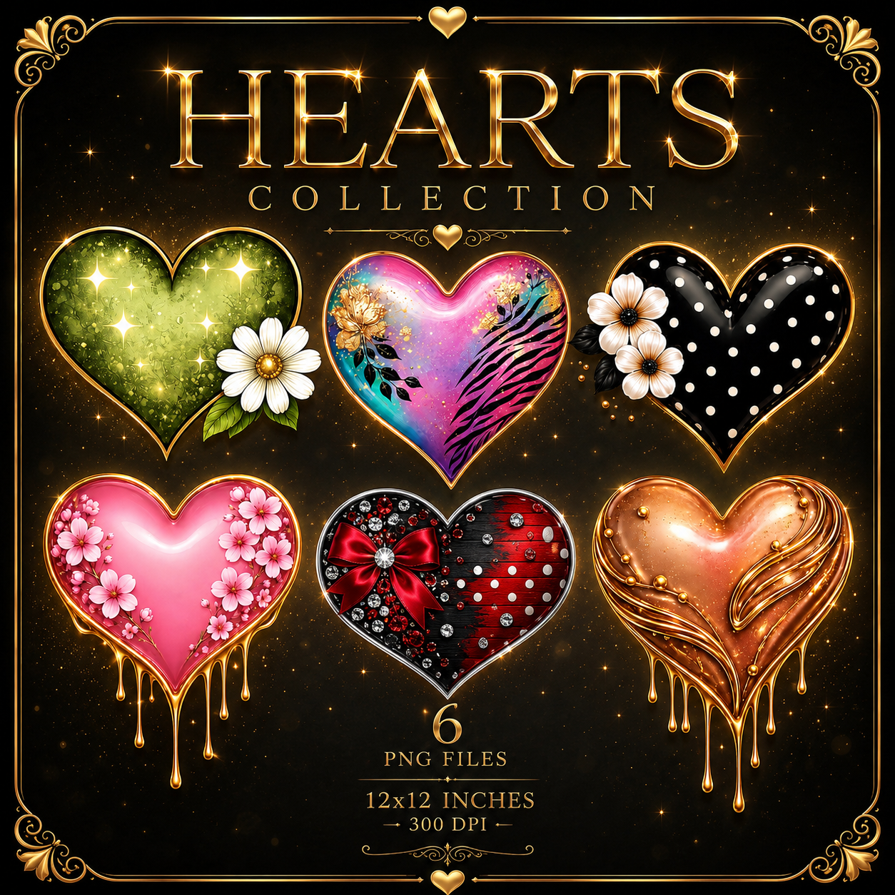 Luxury Hearts Collection PNG Bundle | Glam Heart Designs for DTF & Sublimation | 6 Premium PNG Files