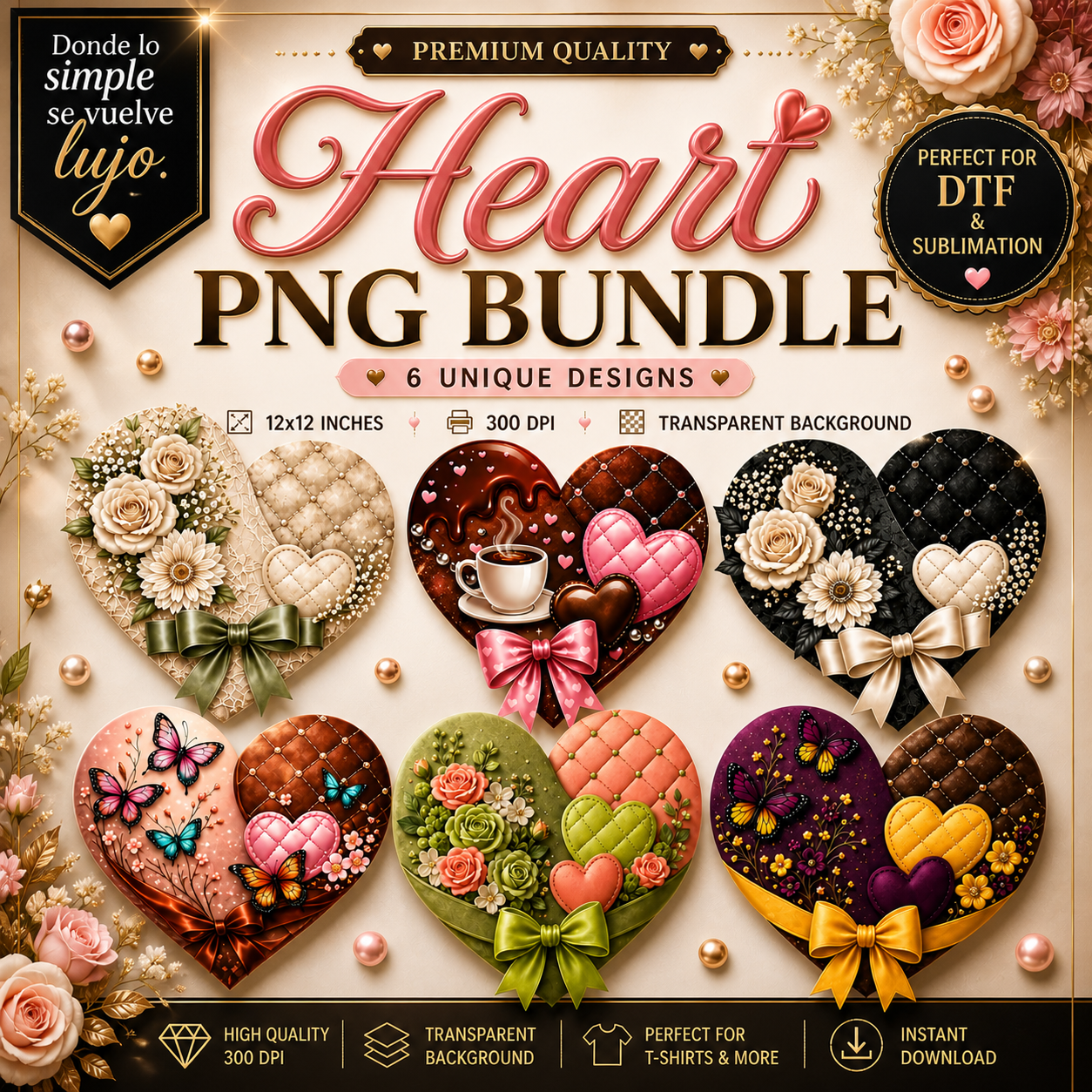 Heart PNG Bundle | Quilted & Floral Hearts