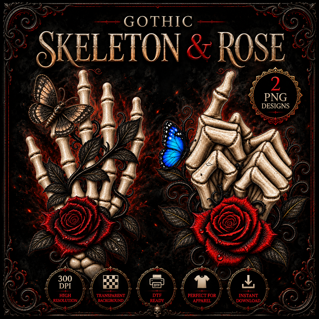Gothic Skeleton and Rose PNG Bundle