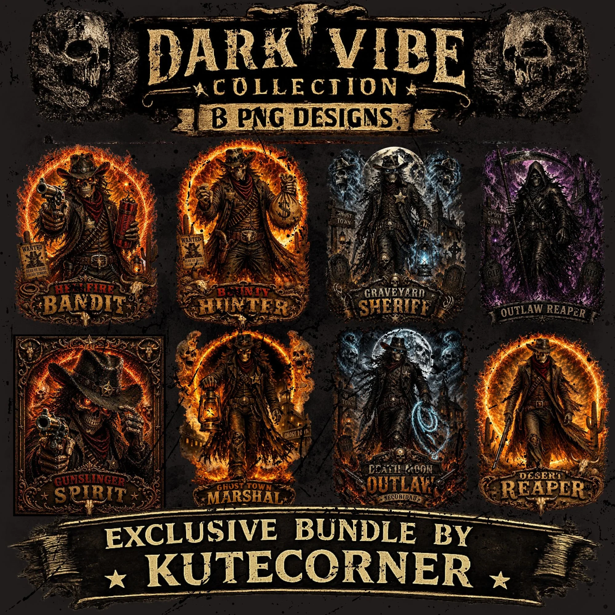 Dark Vibe Collection – Western Horror Skeleton PNG Bundle (8 Designs)