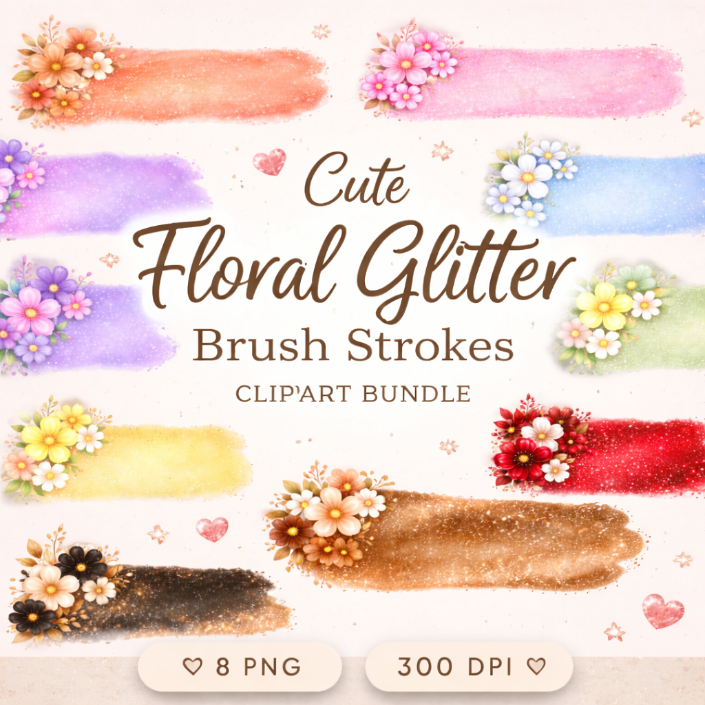 Cute Floral Glitter Brush Strokes Clipart Bundle