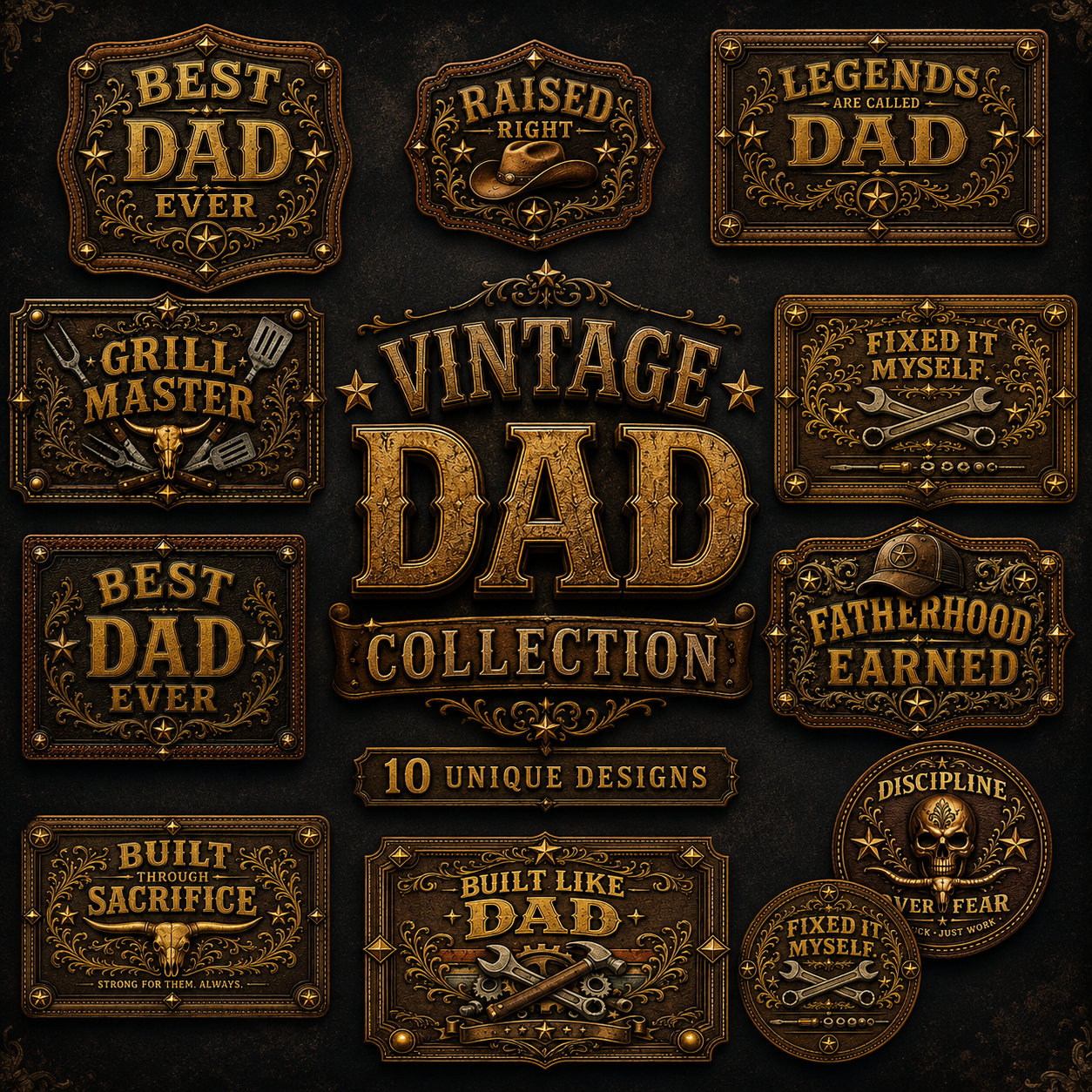 Vintage Dad Leather Badge PNG Bundle | 10 Premium Western Father's Day Designs