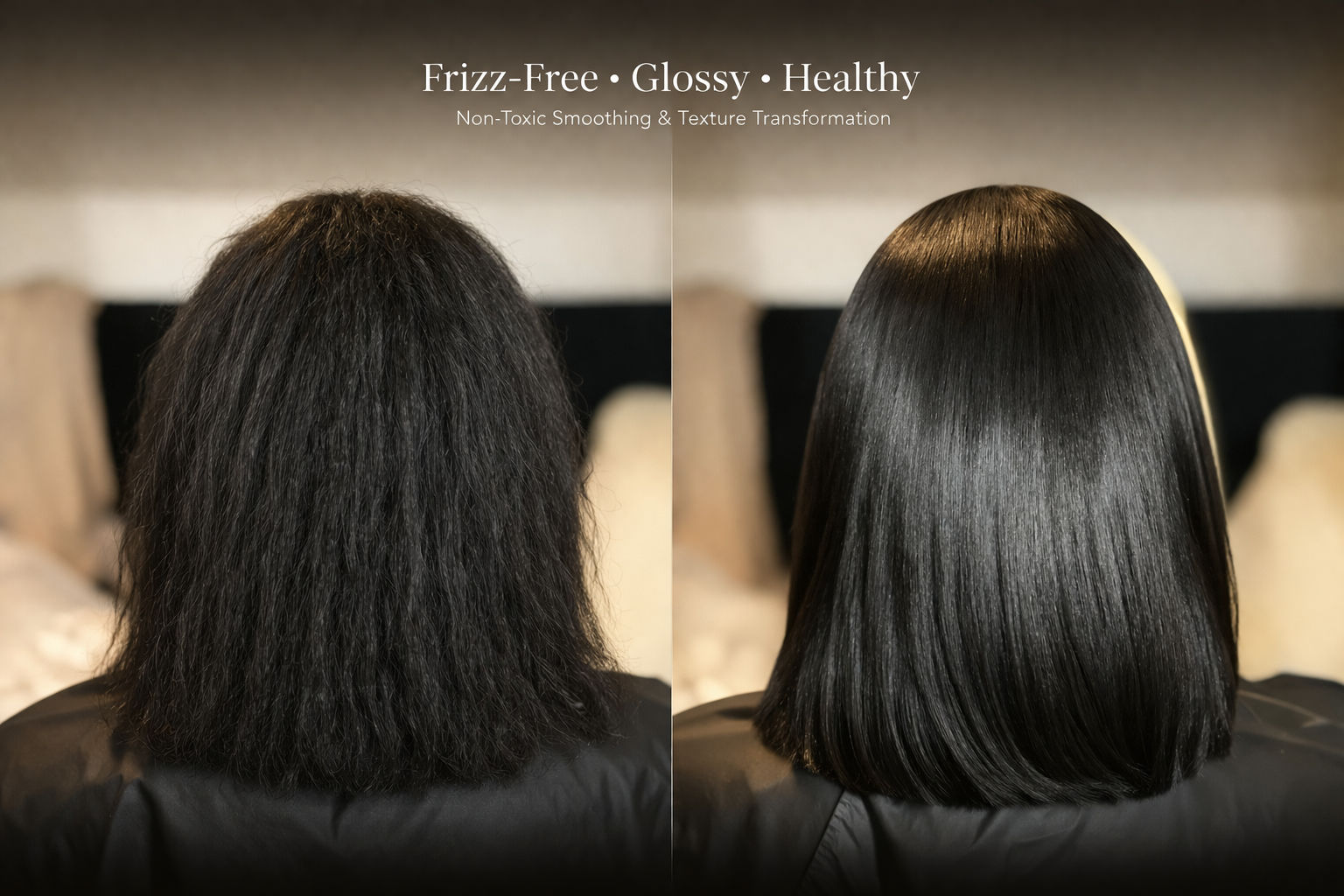 Comparison of hair before and after a hair treatment: on the left, frizzy, unkempt black hair; on the right, smooth, glossy black hair.