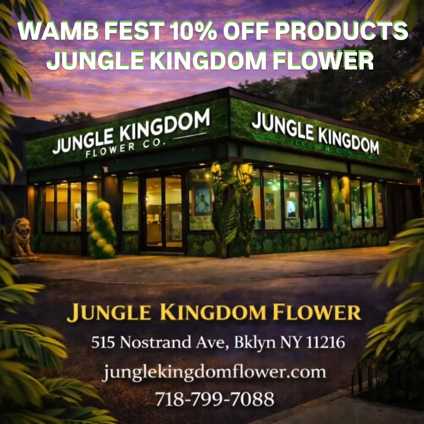 TOMORROW ONLY - WAMB Fest goers will get 10% off products at @junglekingdomflowerbk_ - stock your bag and get yourself to WAMB Fest at 330pm TOMORROW (4/18) @greenhouse.bk

Thank you @junglekingdomflowerbk_ for supporting WAMB fest!! 🙏🏻😎🌳💨