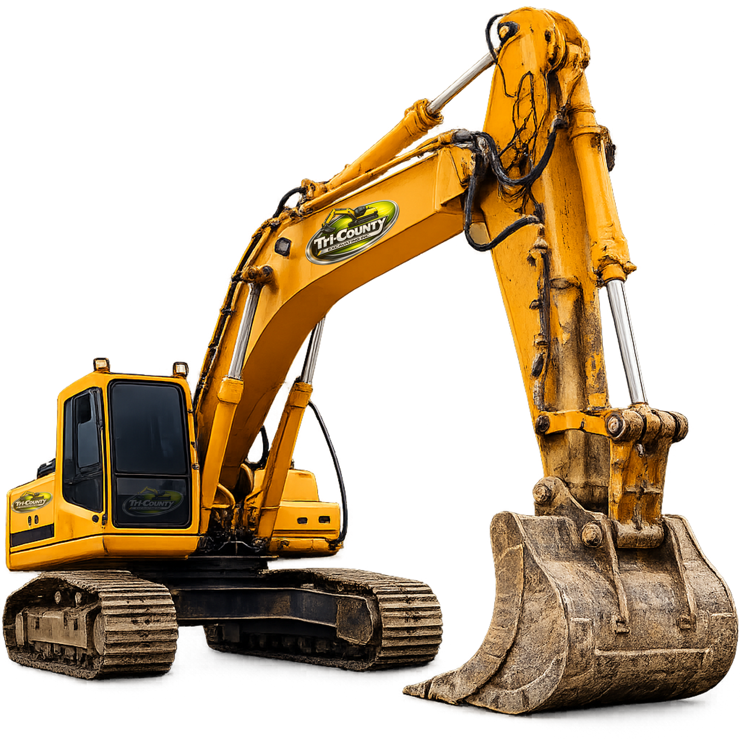 A yellow excavator with a large bucket attachment, labeled Tri-County, is positioned on tracks and isolated on a white background.
