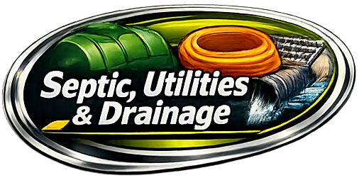 Logo for septic, utilities, and drainage services with green, orange, and gray elements.