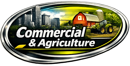 Logo for Commercial & Agriculture, featuring a city skyline, a farm with a barn and tractor, and the text 'Commercial & Agriculture'.