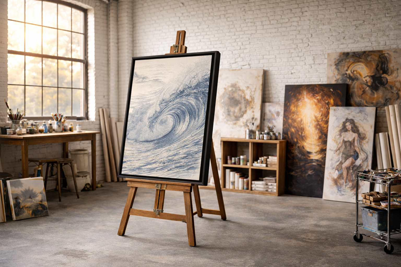 An art studio with a painting of a wave on an easel, surrounded by other artworks and art supplies, with sunlight coming through a window.