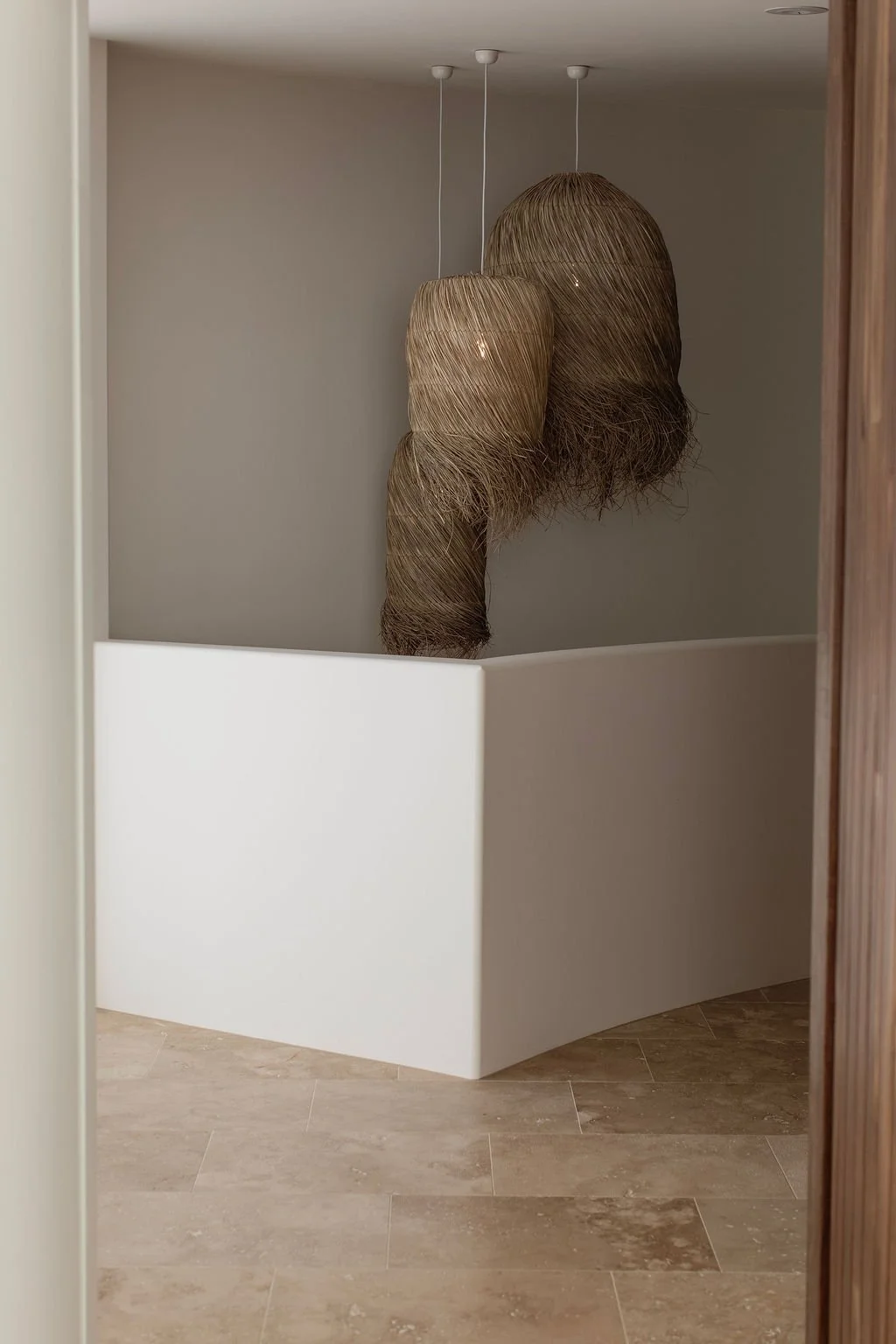 Contemporary art installation featuring large, woven, abstract shapes hanging from the ceiling in a minimalist, modern interior.