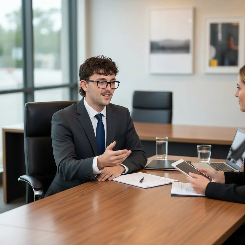 A man in a business suit and glasses having a conversation with a woman at a conference table in a modern office.