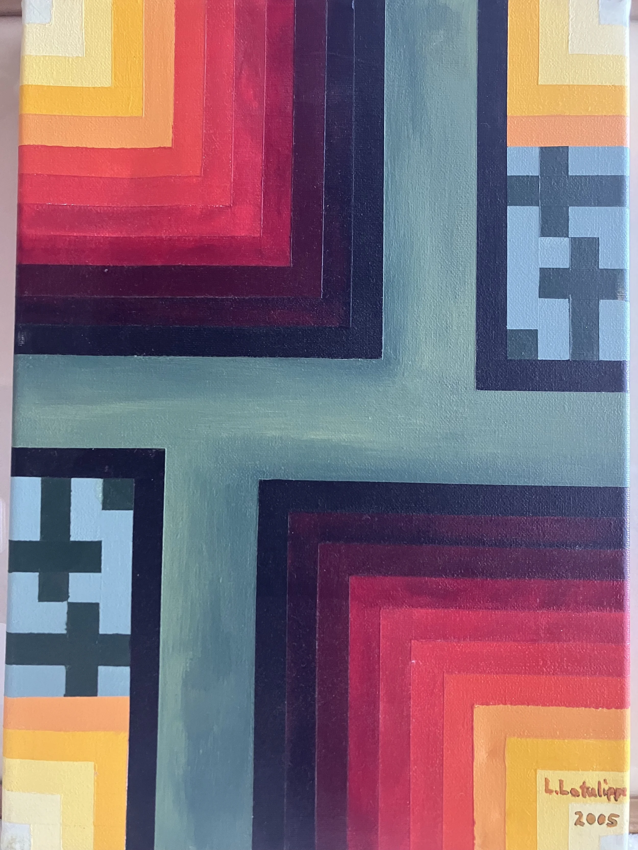 Contemporary geometric abstract painting with strong color-field transitions and a structured, almost architectural composition.  
Hard-edge geometric abstraction / color gradient abstraction, acrylic on canvas
Contemporary (circa 2005) based on the 