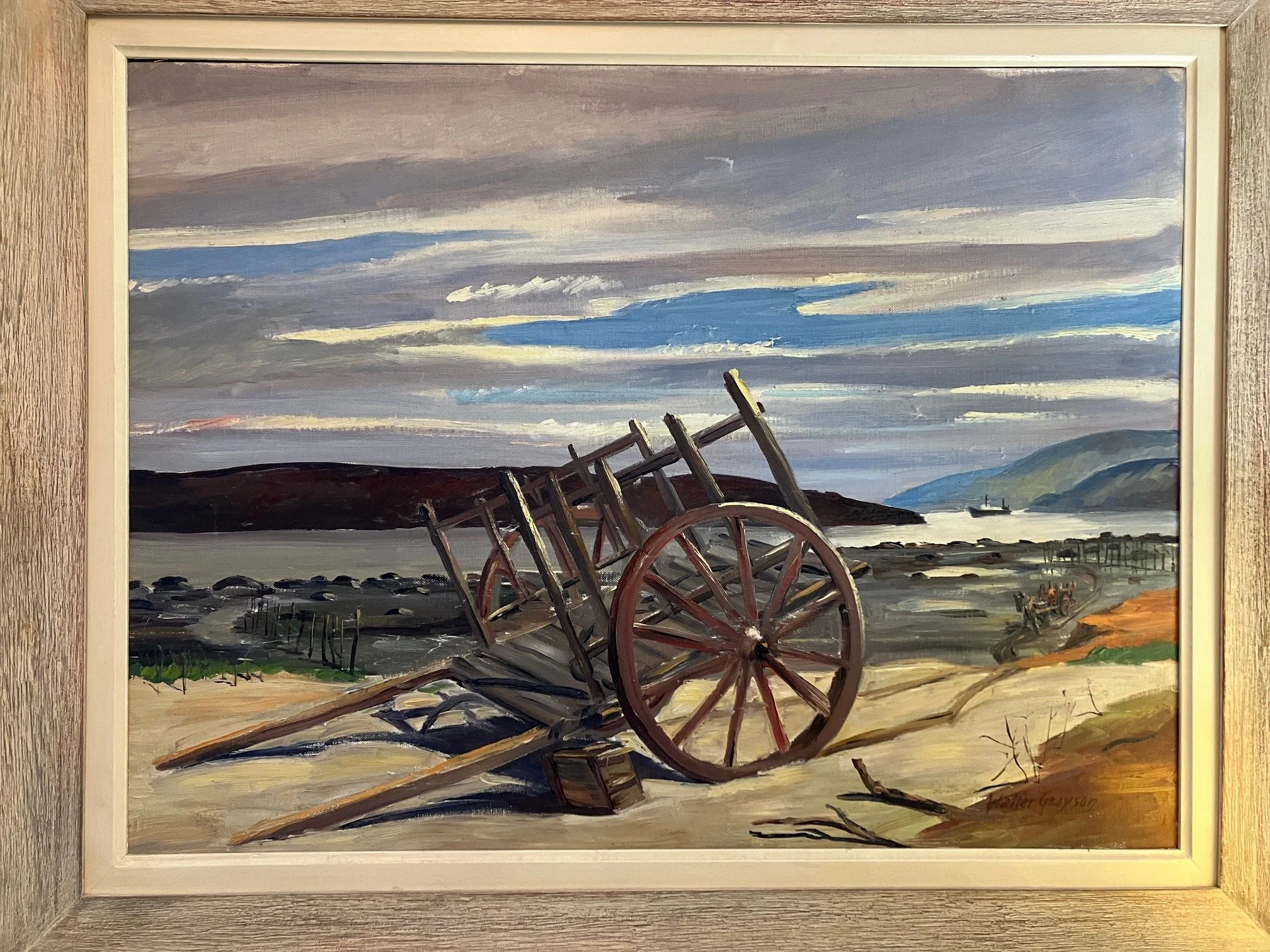 Painting of a dilapidated wooden cart on a beach with a body of water and mountains in the background under a cloudy sky.