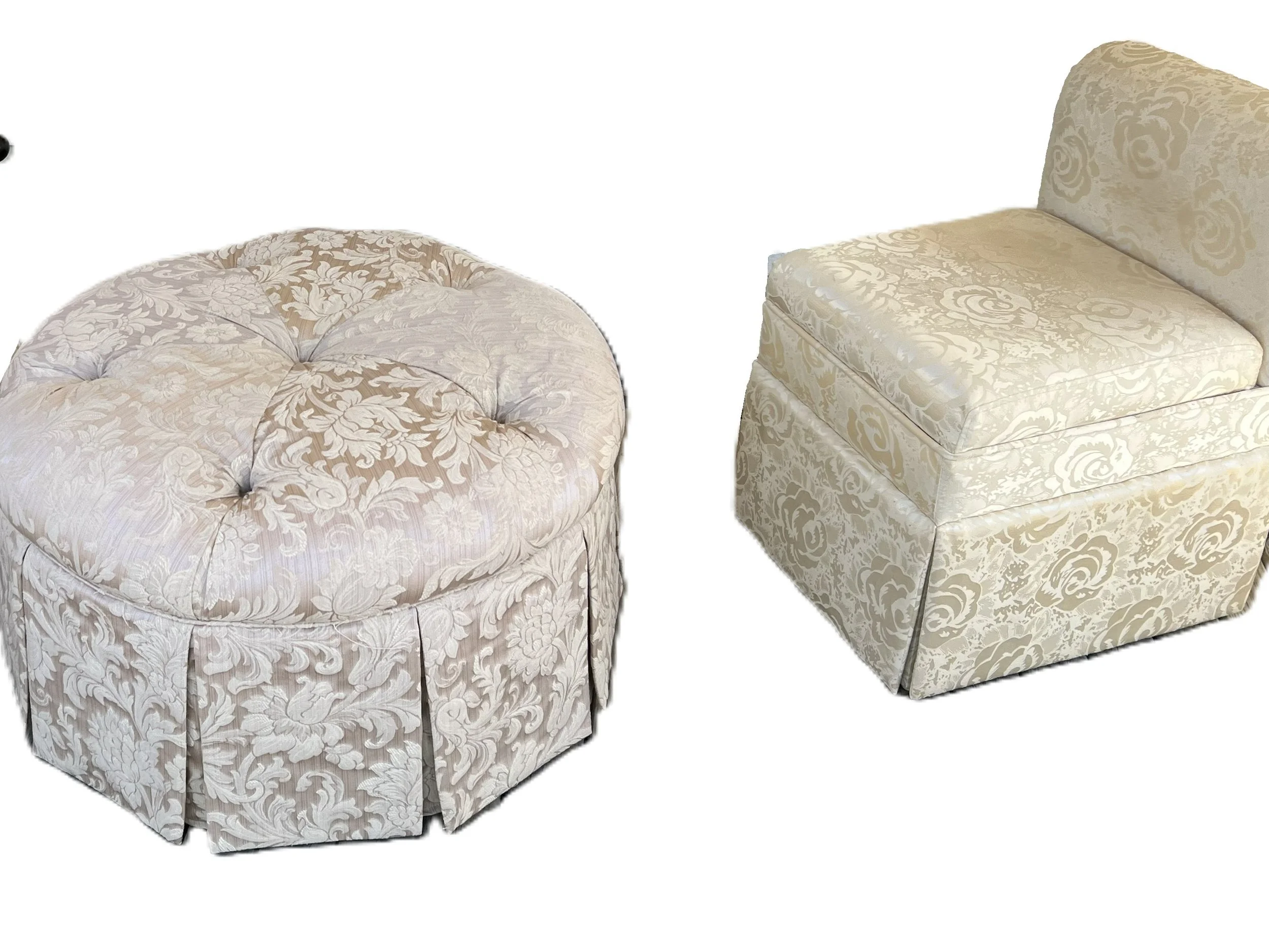 Upholstered slipper chair featuring a classic skirted base. These chairs are popular for their compact, armless design, making them versatile additions to bedrooms, dressing areas, or living rooms. 
The round piece is a tufted, skirted ottoman uphols