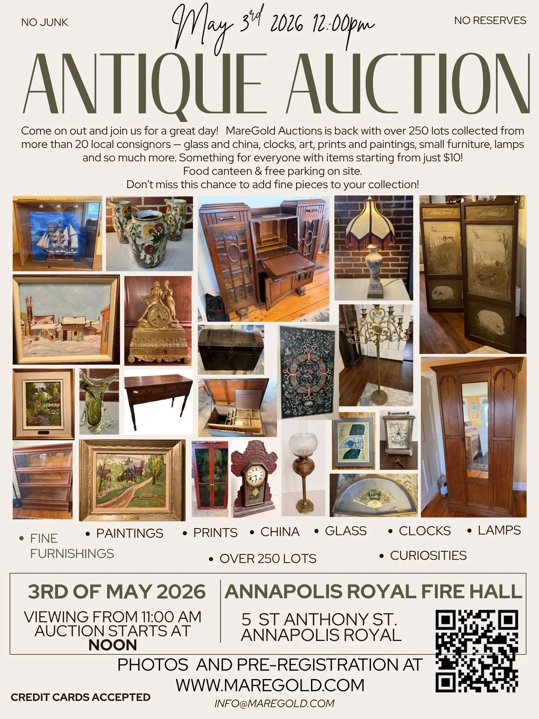 A flyer for an antique auction on May 3rd, 2026, at 12:00 pm at Annapolis Royal Fire Hall. Features images of various antique items including paintings, china, glassware, clocks, lamps, furniture, and curiosities. Details include the event date, location, and that over 250 lots will be auctioned with prices starting at $10.
