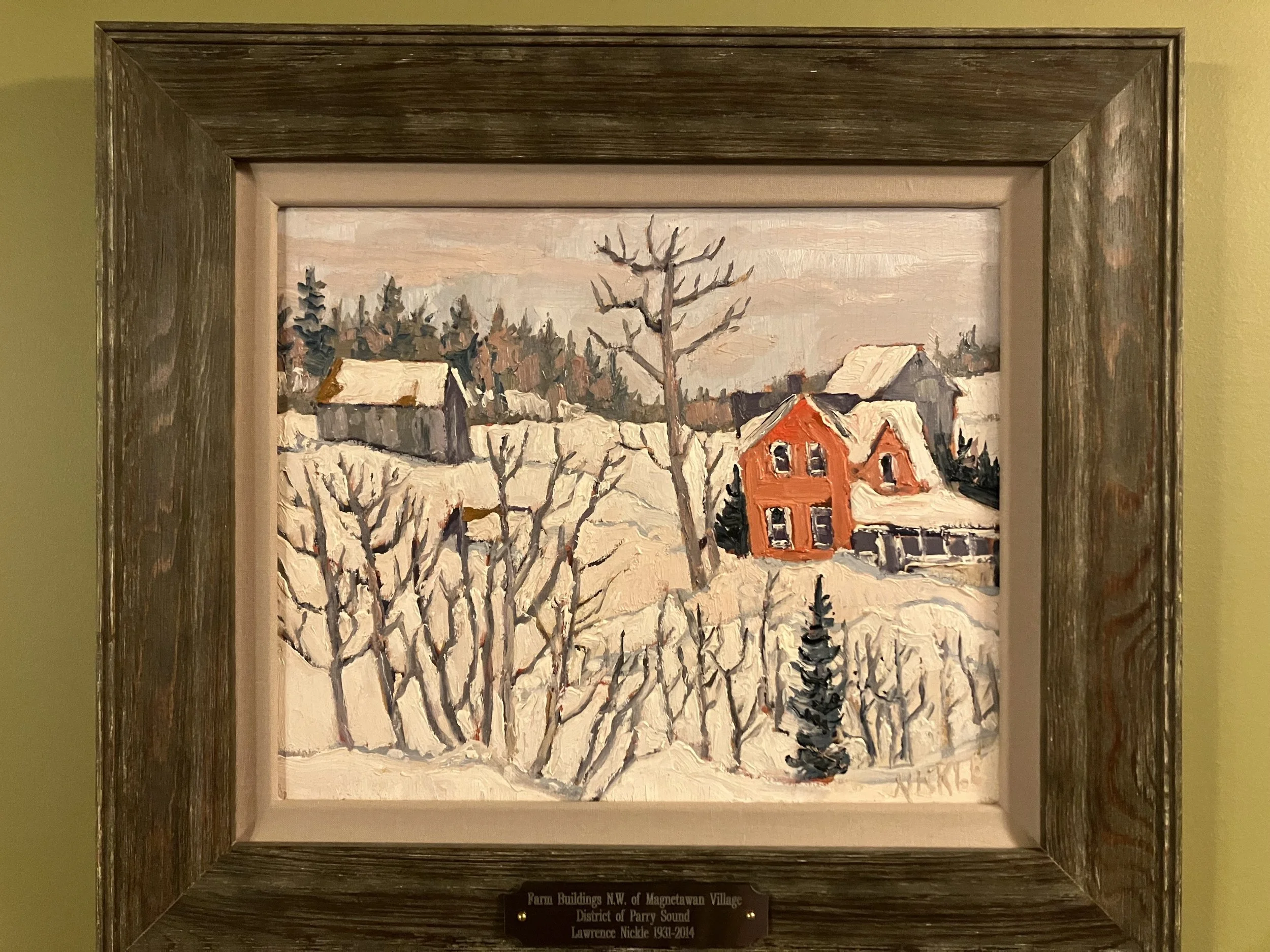 An original work titled "Farm Buildings N.W. of Magnetawan Village, Parry Sound" by the celebrated Canadian artist Lawrence Nickle (1931–2014). 

Painting Details
Artist: Lawrence Nickle (Canadian, 1931–2014).
Title: Farm Buildings N.W. of Magnetawan