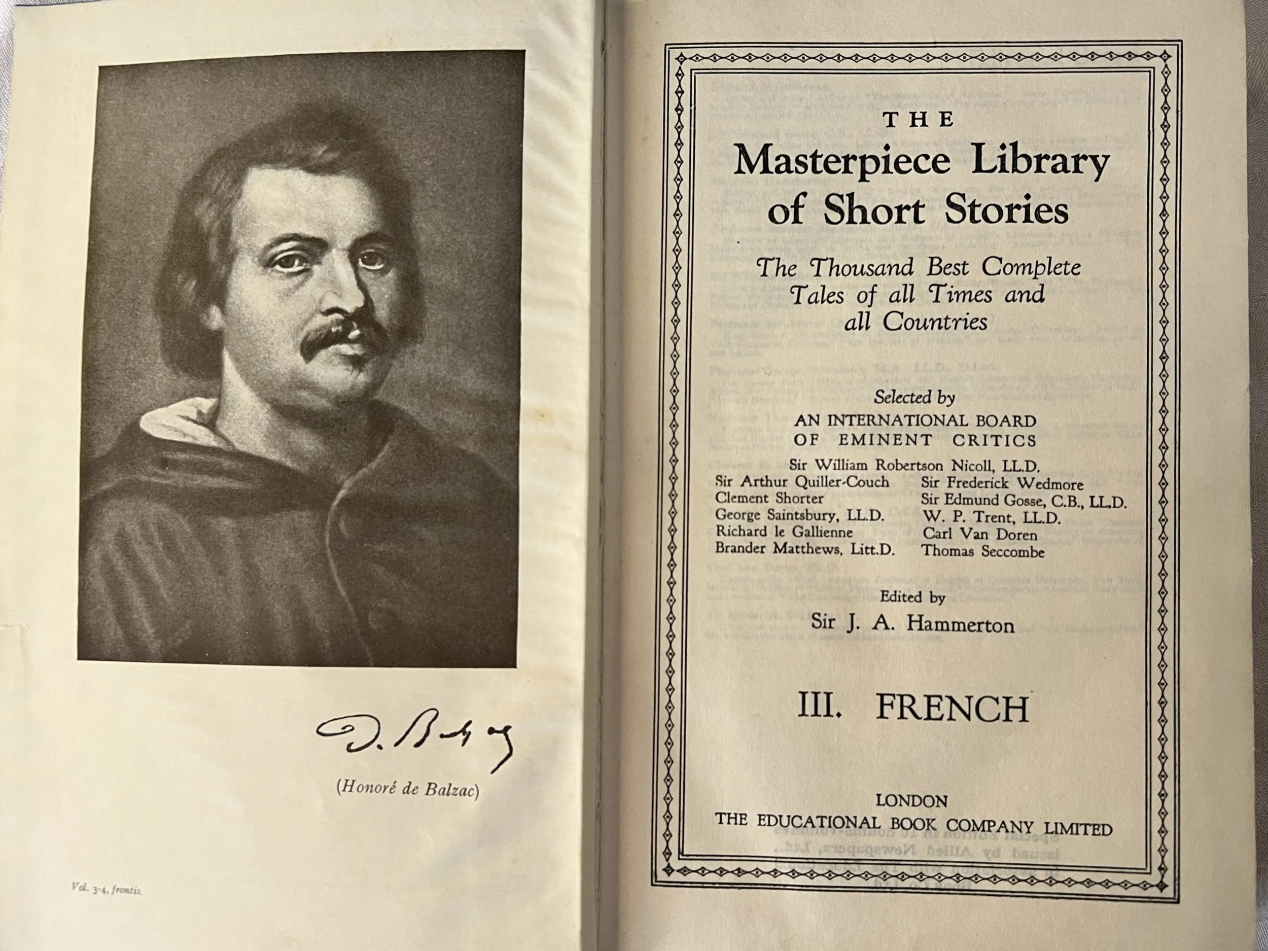 A portrait of Honoré de Balzac on the left page, with his signature below. The right page is the title page of a book titled 'The Masterpiece Library of Short Stories: The Thousand Best Complete Tales of All Times and All Countries', edited by Sir J.