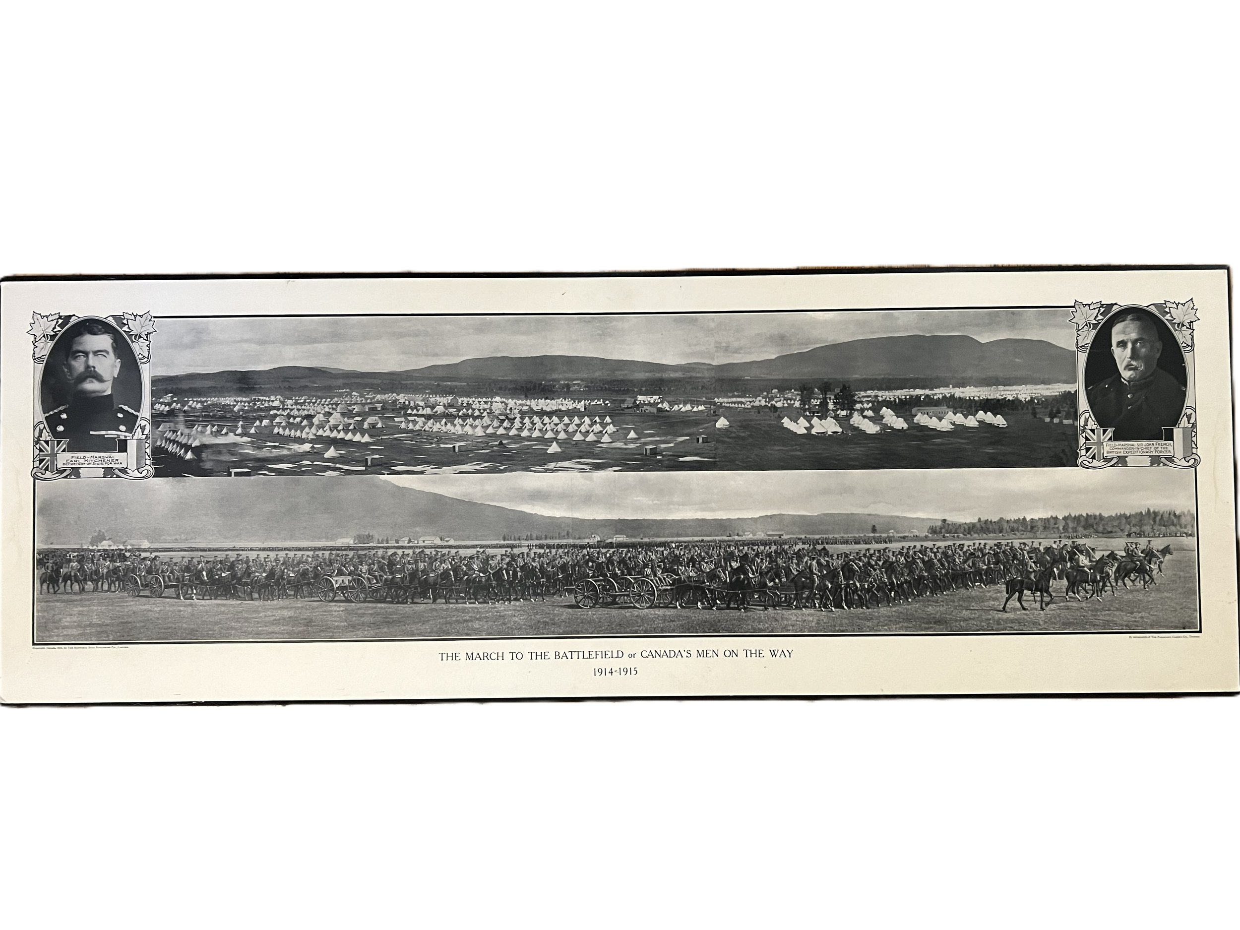 Historical black and white photograph depicting Canada's men marching to battlefield during 1914-1915, with tents in a military camp in the background and portraits of two military leaders in ornate frames at the top corners.