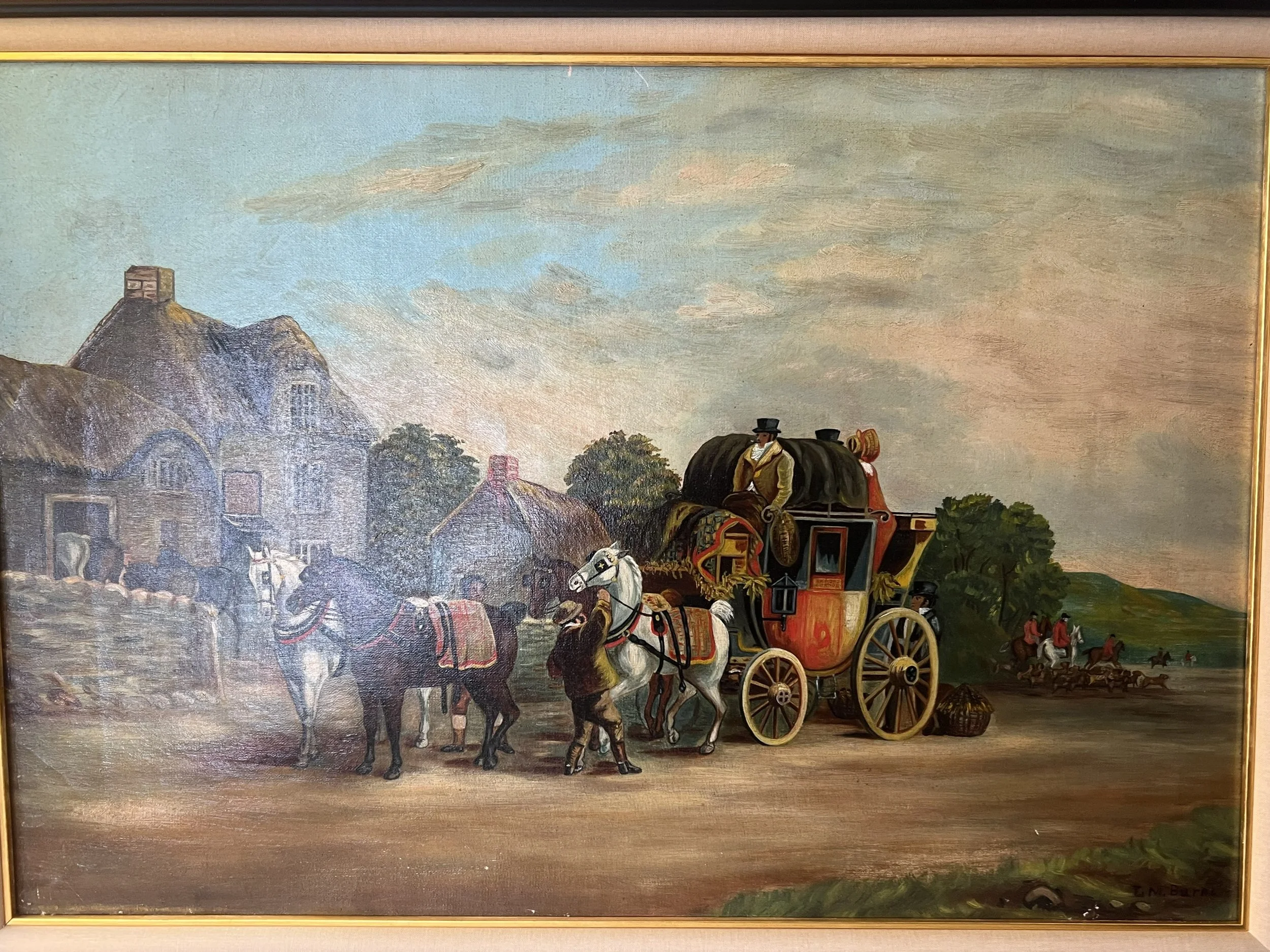 Painting of a rural scene featuring a horse-drawn carriage, several horses, and village houses with thatched roofs in the background.