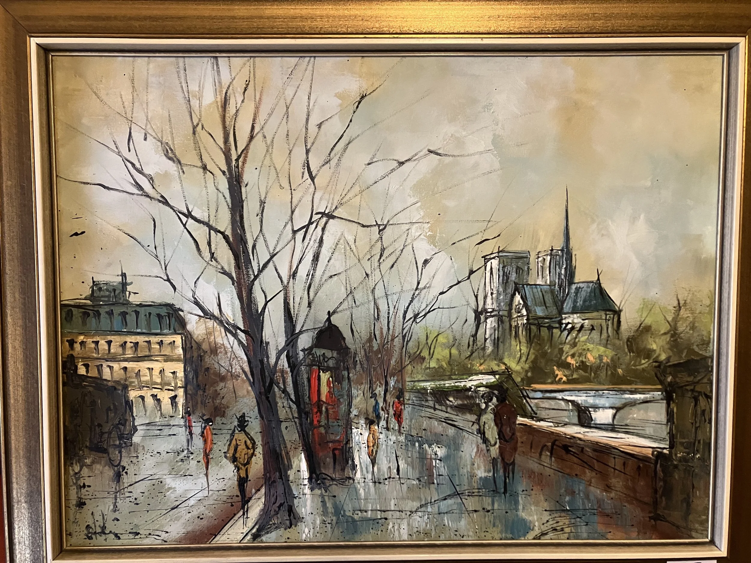 An impressionist oil painting of a Parisian street scene featuring Notre Dame across the Seine. 
Artwork Details
The painting depicts a classic mid-century view of Paris, likely near Pointe de l'Archevêché. While several artists produced very similar