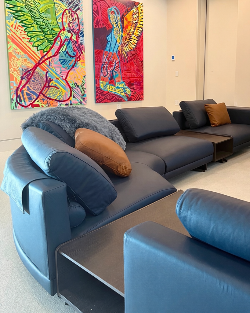 Modern lounge area with black leather sofas decorated with brown and black pillows, a gray throw blanket, and colorful abstract artwork on the wall.