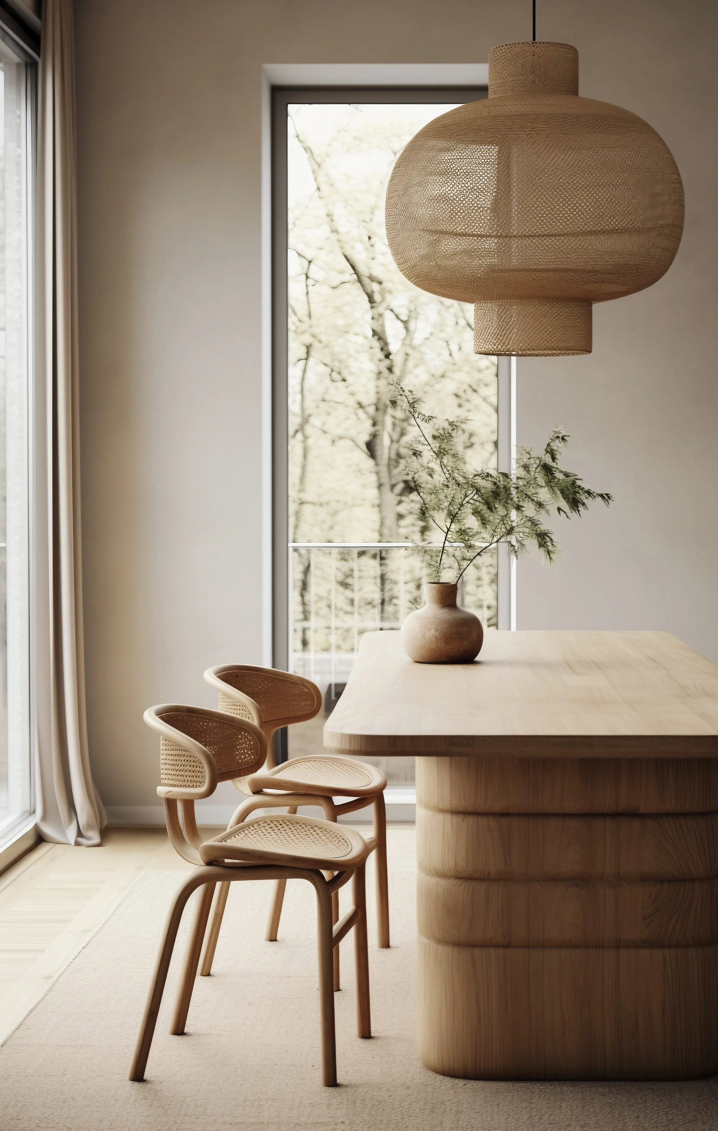 Minimalist dining room with wooden table, two matching wooden chairs, a vase with greenery, a large woven pendant lamp, and a sliding glass door with curtains leading to a balcony and view of trees outside.
