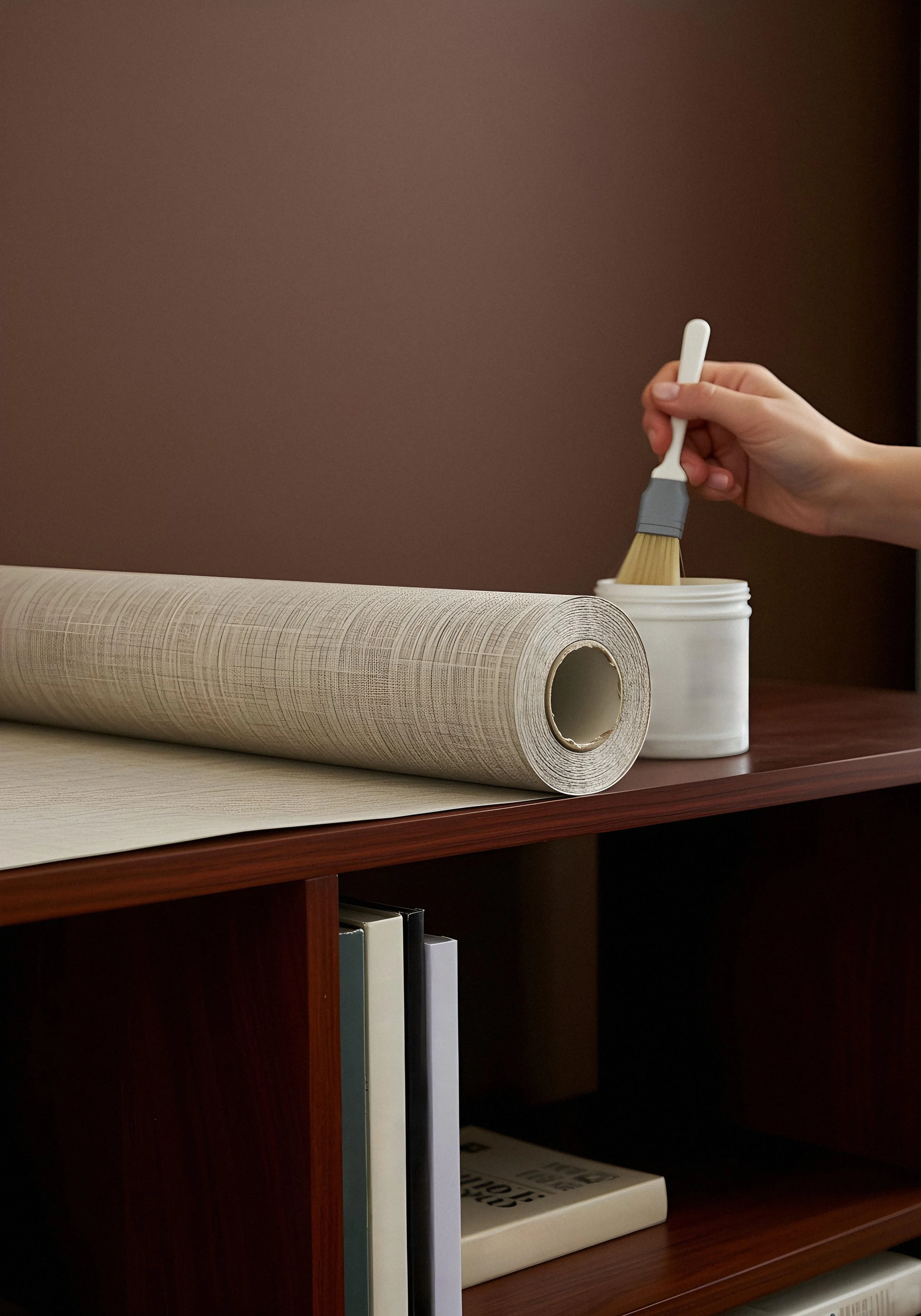Someone applying wallpaper using a brush on a wall in a room with a dark red wall and a wooden bookshelf.