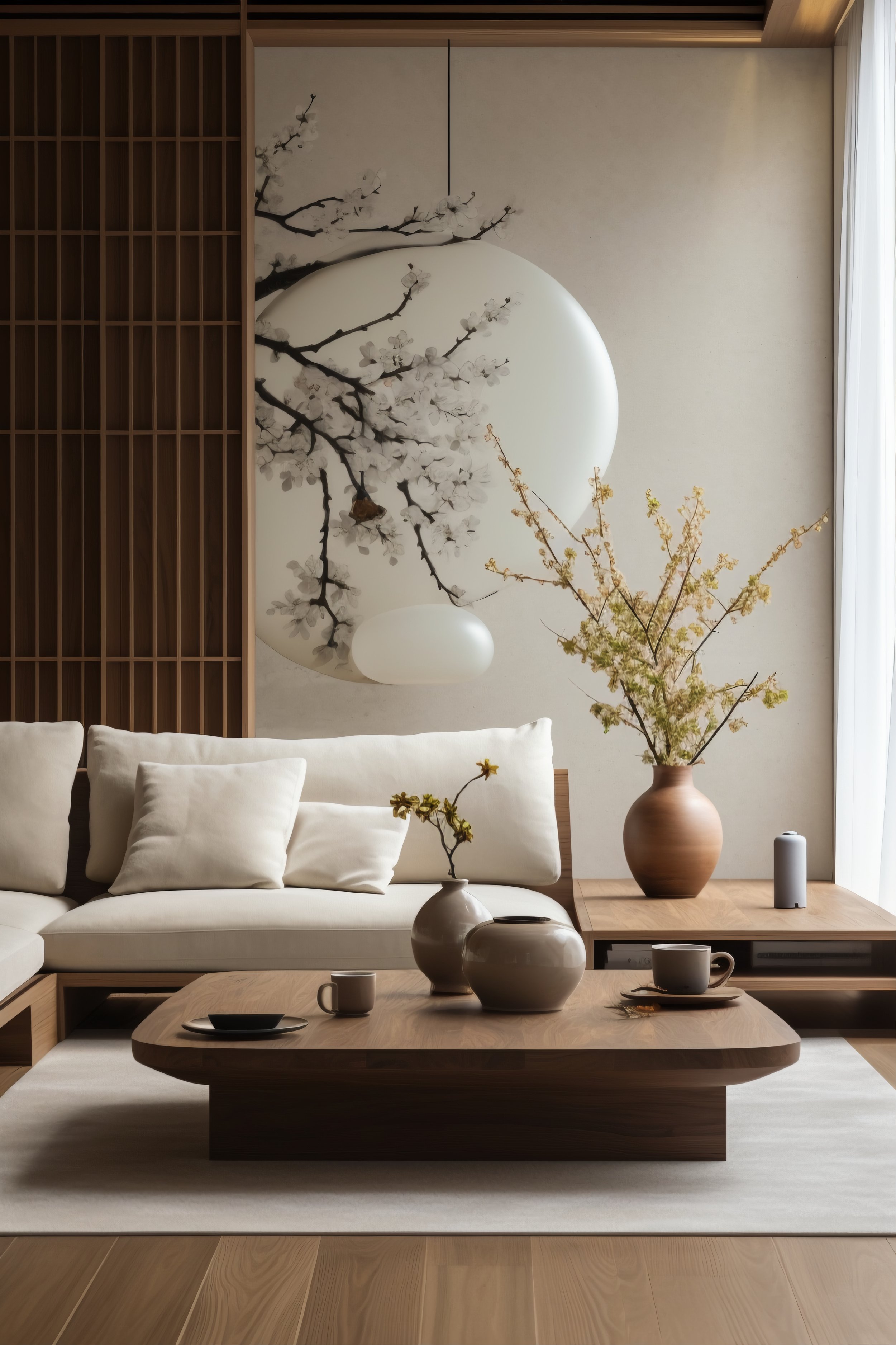 Minimalist living room with white sofa, wooden coffee table, and vases with floral arrangements, artwork of cherry blossoms on the wall.