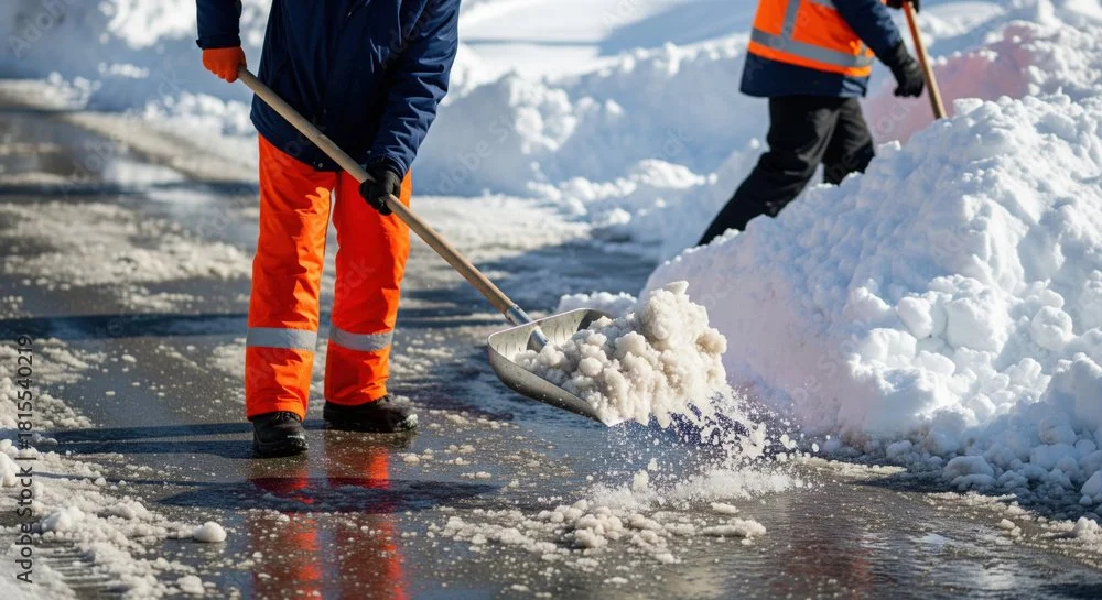 Workers clearing snow with shovels on a snowy road in winter.