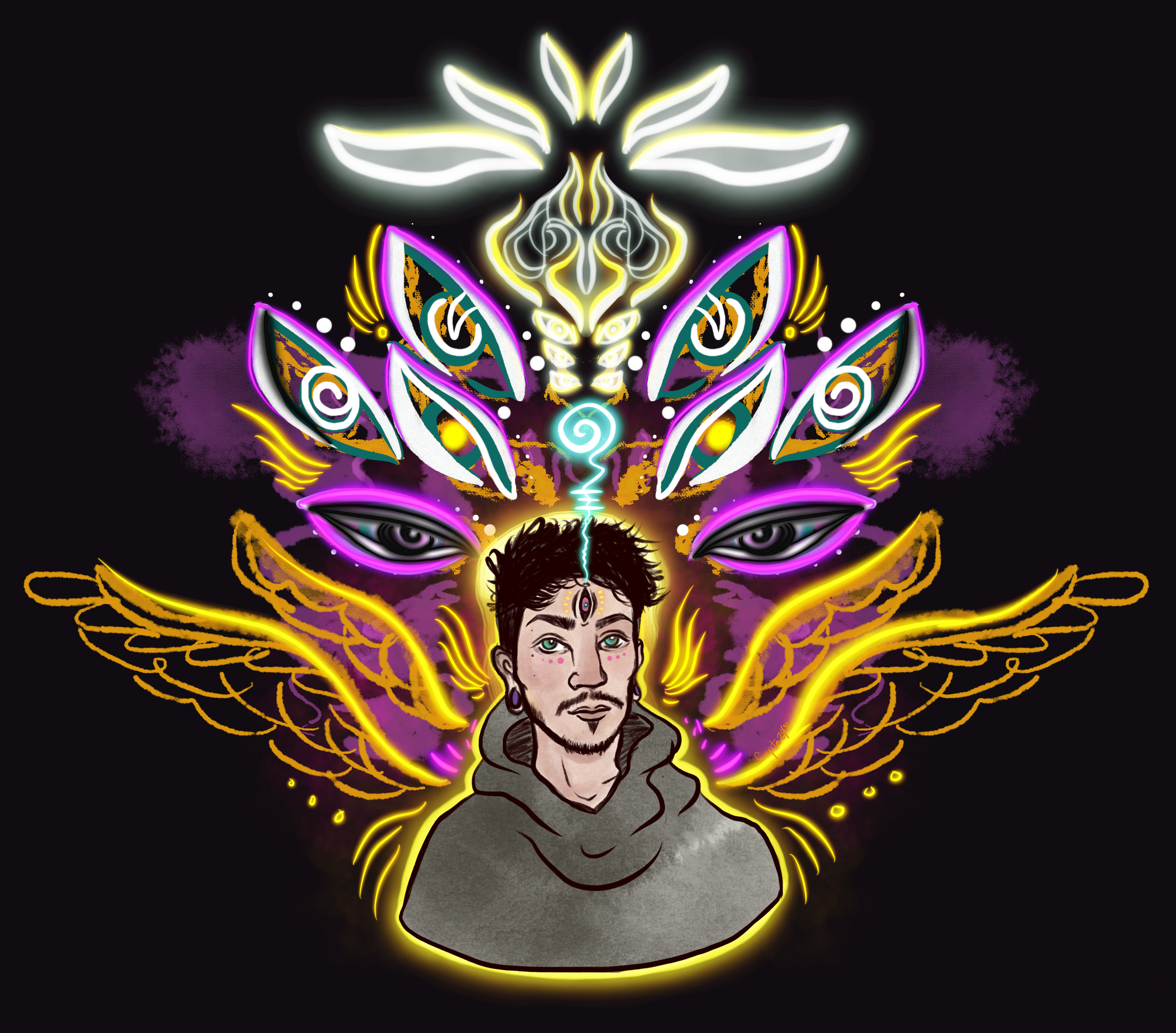 Digital artwork of a man with a mystical, glowing eye on forehead, surrounded by colorful, abstract, spiritual symbols, wings, and eyes, with a dark background.