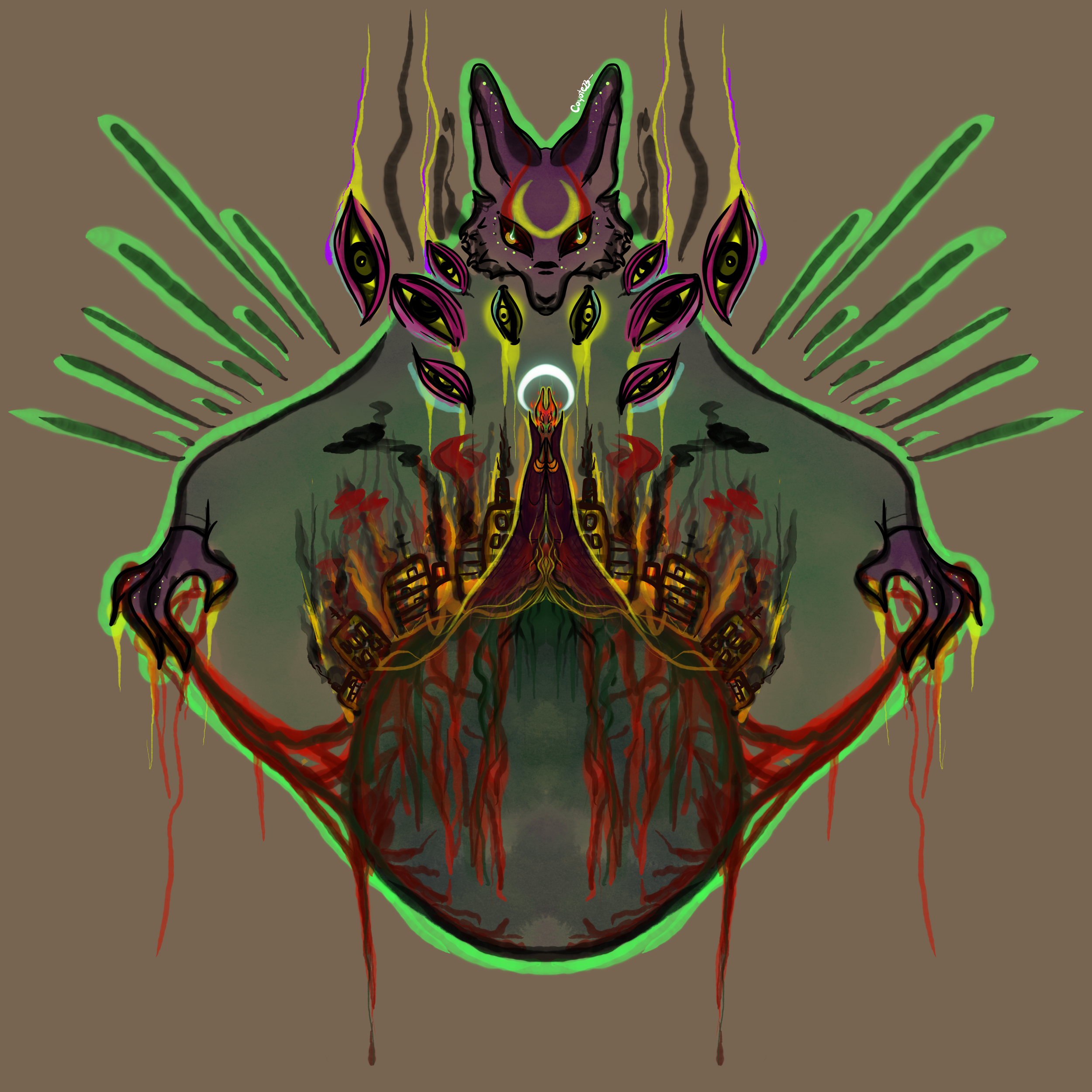 A stylized, symmetrical digital artwork featuring a demonic, lion-like creature with multiple eyes and horns, surrounded by flames, dripping blood, and abstract elements, with a dark and surreal theme.