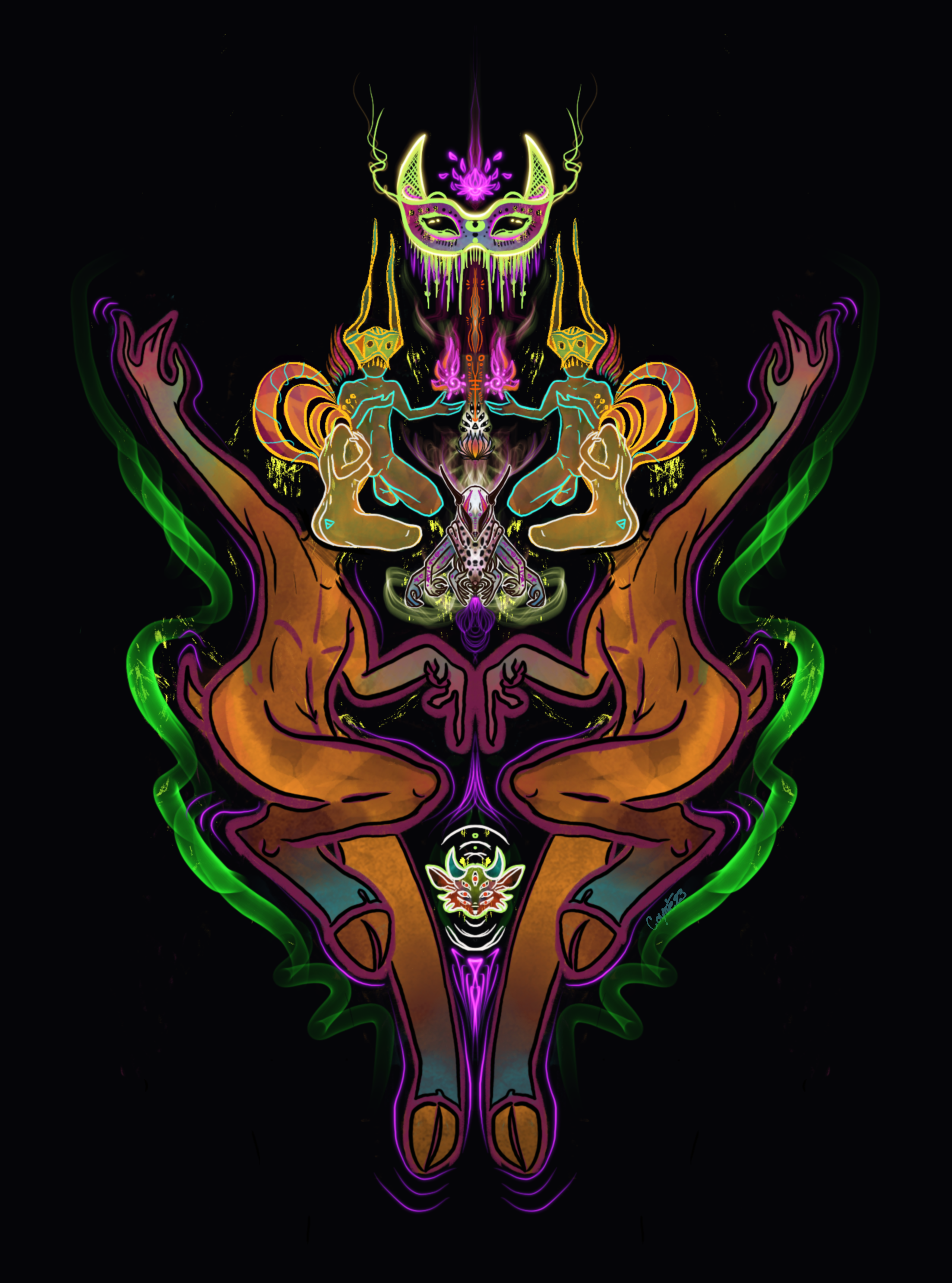A digital artwork featuring symmetrical, neon-colored abstract figures and shapes on a black background, with elements resembling mythical creatures and mystical symbols.