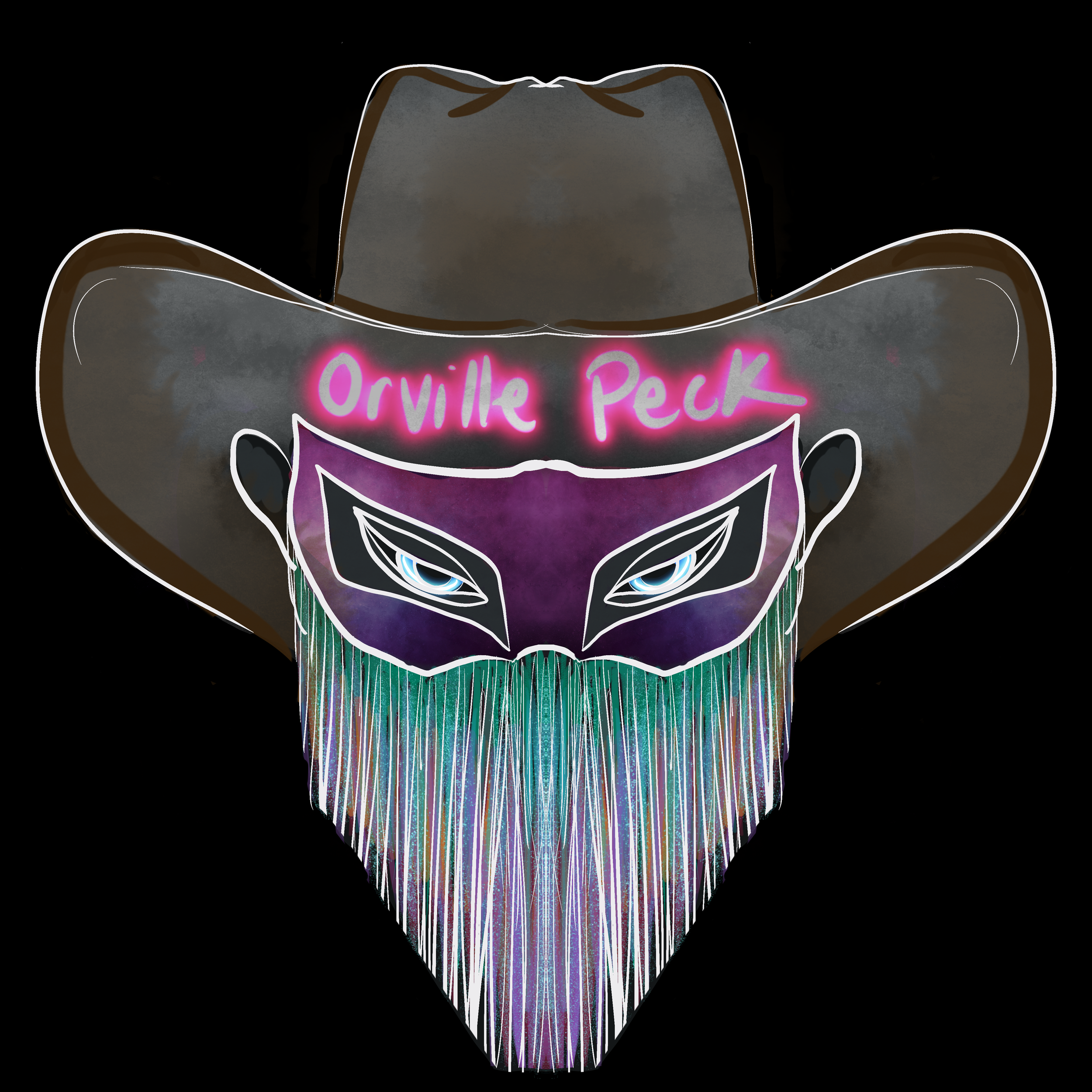 Neon sign featuring a stylized skull with a dark purple mask, glowing blue eyes, a multicolored dripping beard, and the words 'Owille Peck' in pink neon on a black background.