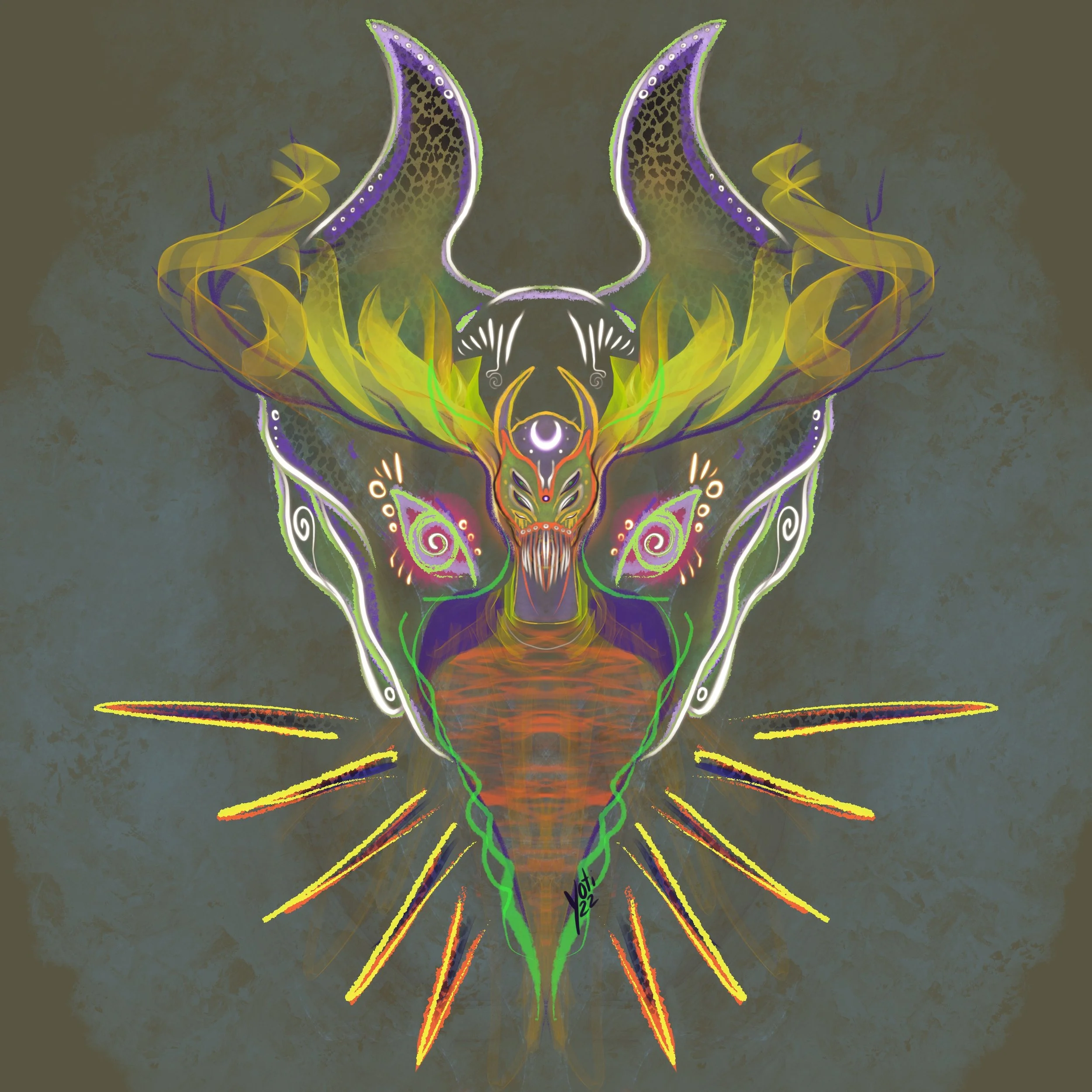 Abstract digital artwork resembling a creature with antlers, intricate patterns, and vibrant colors including purple, green, yellow, and orange, set against a muted background.