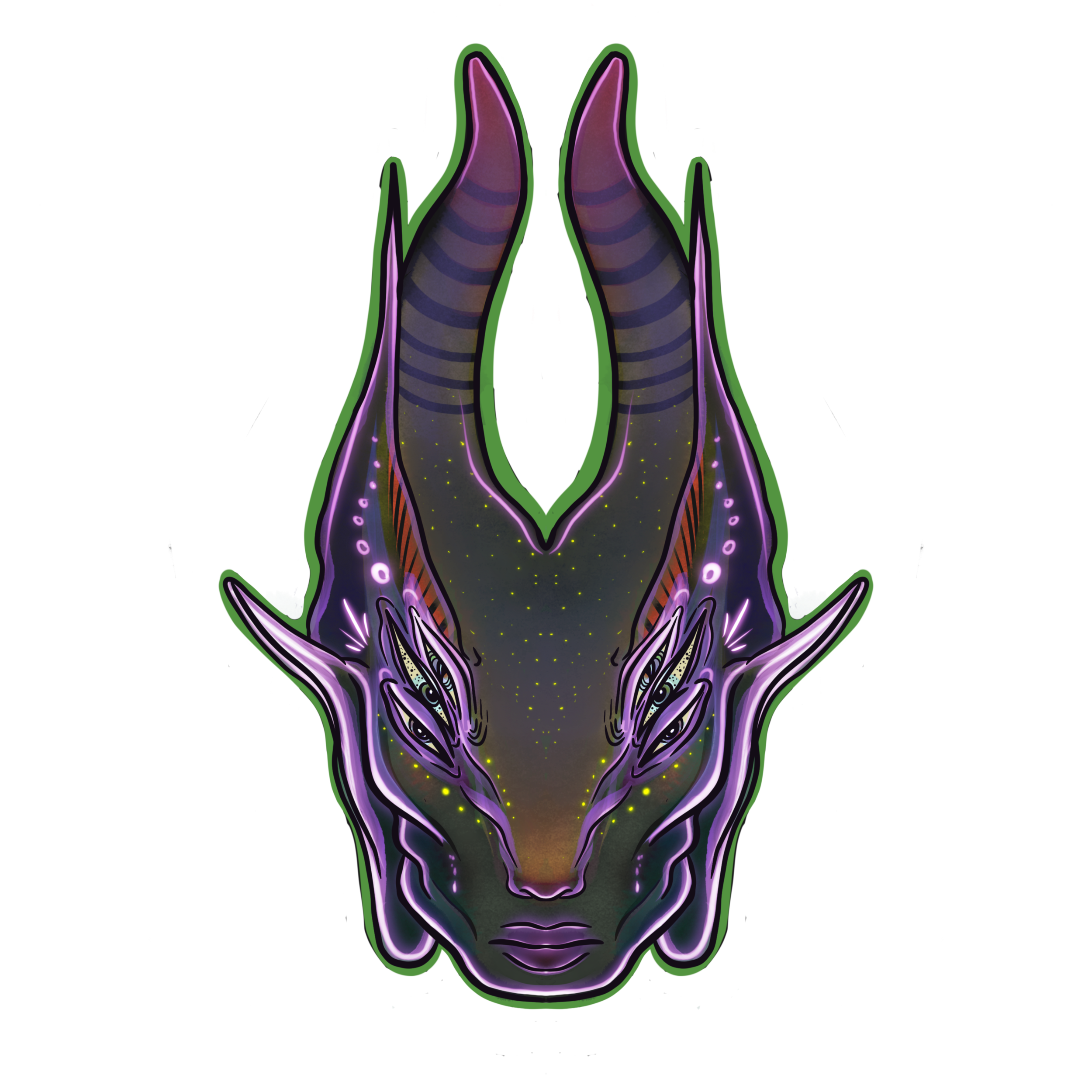 A fantasy-style digital illustration of a mythical creature with a humanoid face, glowing purple and pink hues, large horns, and intricate markings, with a symmetrical and otherworldly design.