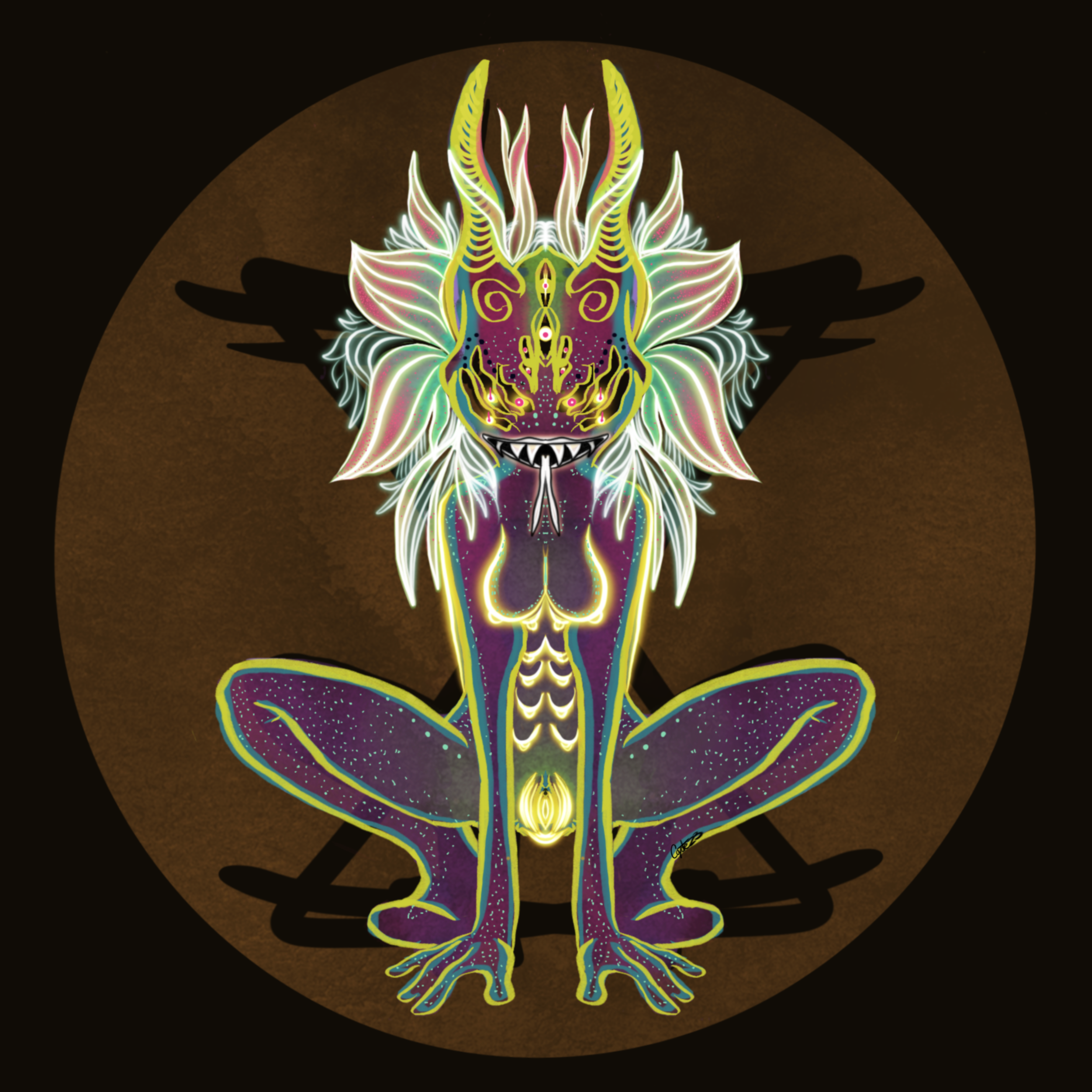 A neon-style illustration of a mythical creature with a dragon-like face, horns, pointed ears, and sharp teeth, sitting with its legs crossed inside a circular frame.