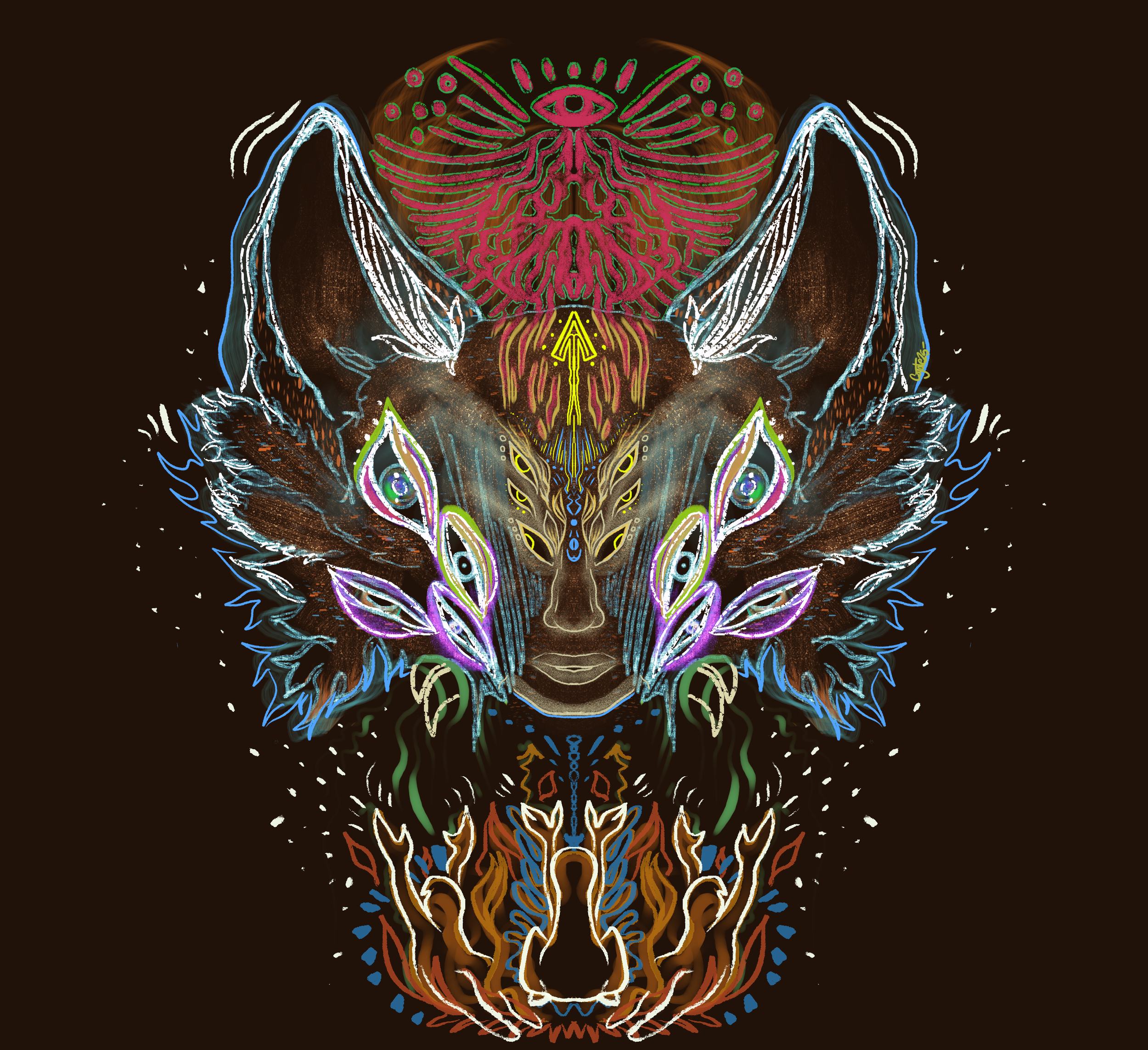 Colorful, symmetrical neon-style illustration of a fox with intricate patterns and eye motifs, set against a dark background.