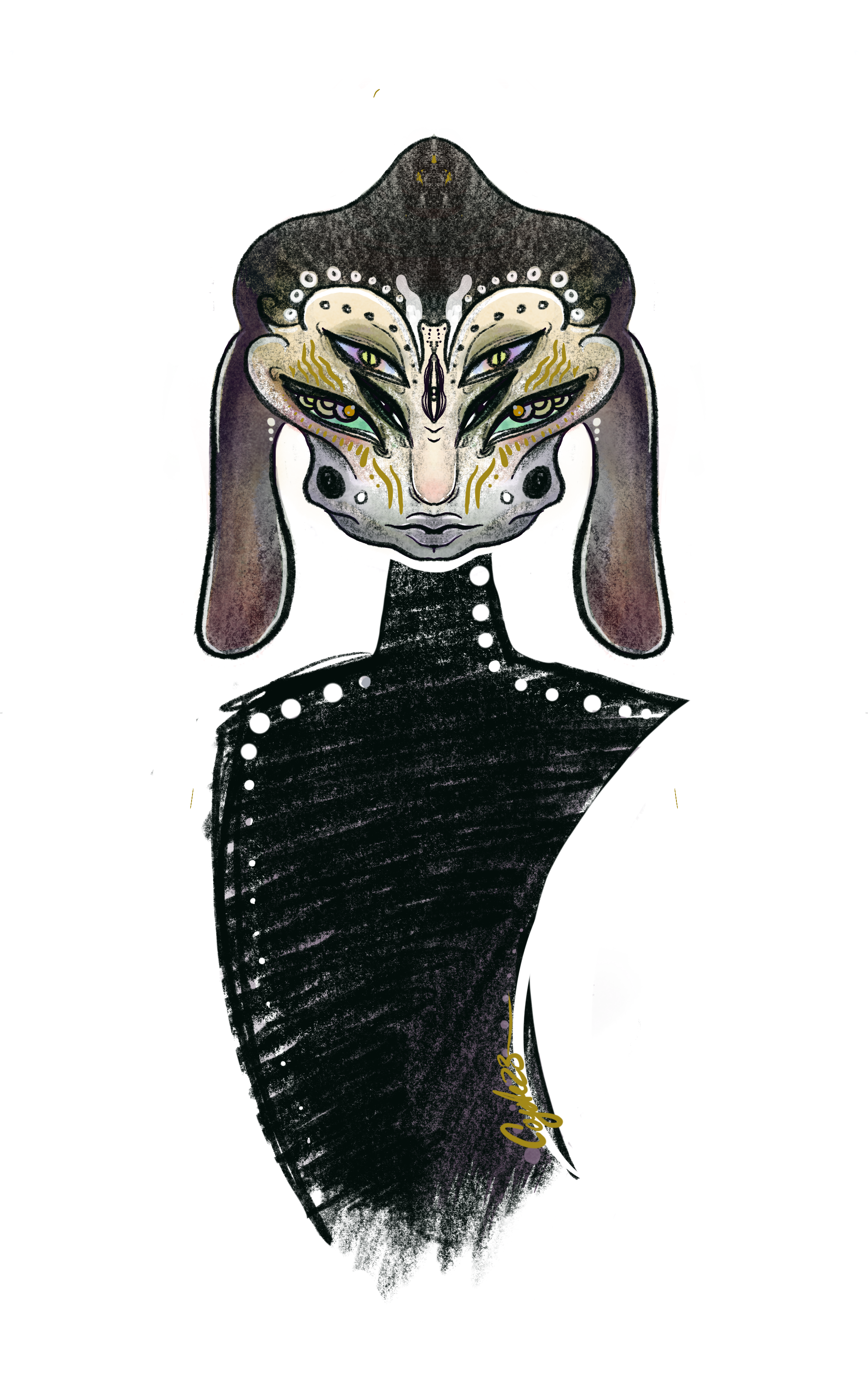 Digital illustration of a surreal figure with an ornate face, multiple eyes, and a dark, shaded body, adorned with decorative patterns in black, white, gold, and purple.