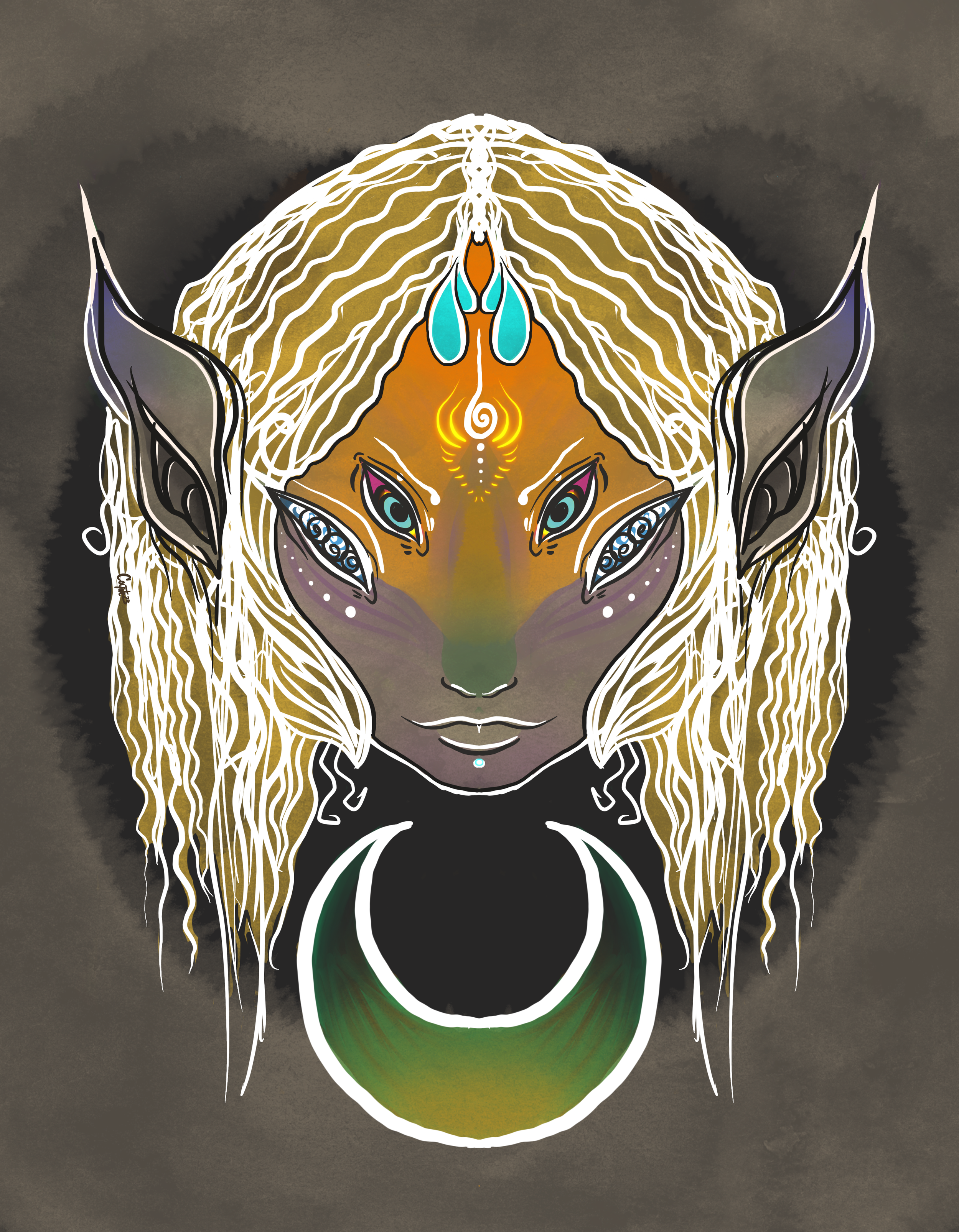 Digital illustration of a mystical, feline-like creature with elf-like ears, intricate designs on its face, and glowing details. It has long, wavy hair, and a crescent moon shape necklace around its neck, set against a dark background.