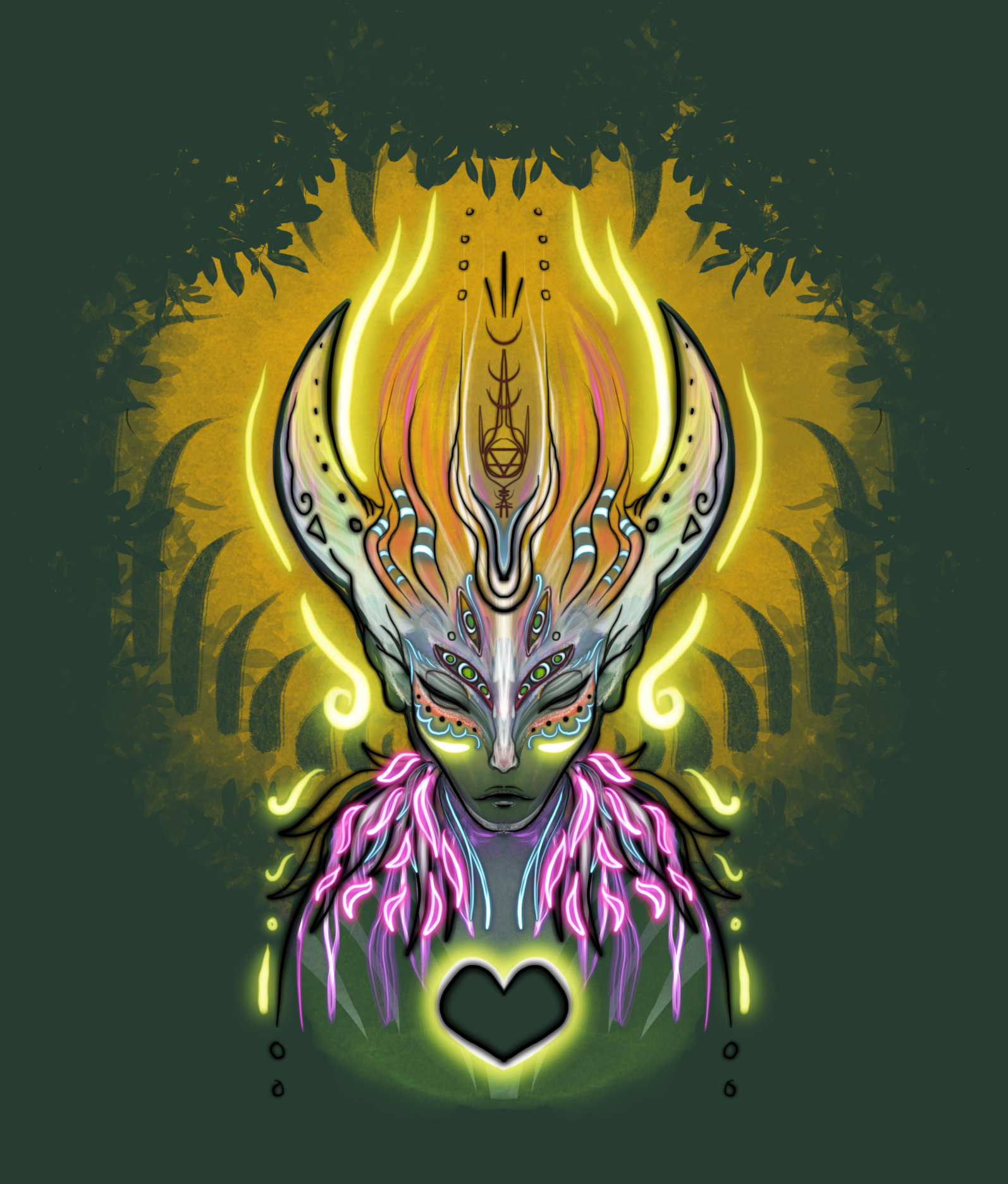 A colorful, fantasy-style illustration of a mythical creature with a humanoid face, elaborate headpiece, and decorative markings. The creature has glowing elements, intricate patterns, and a dark heart symbol below.