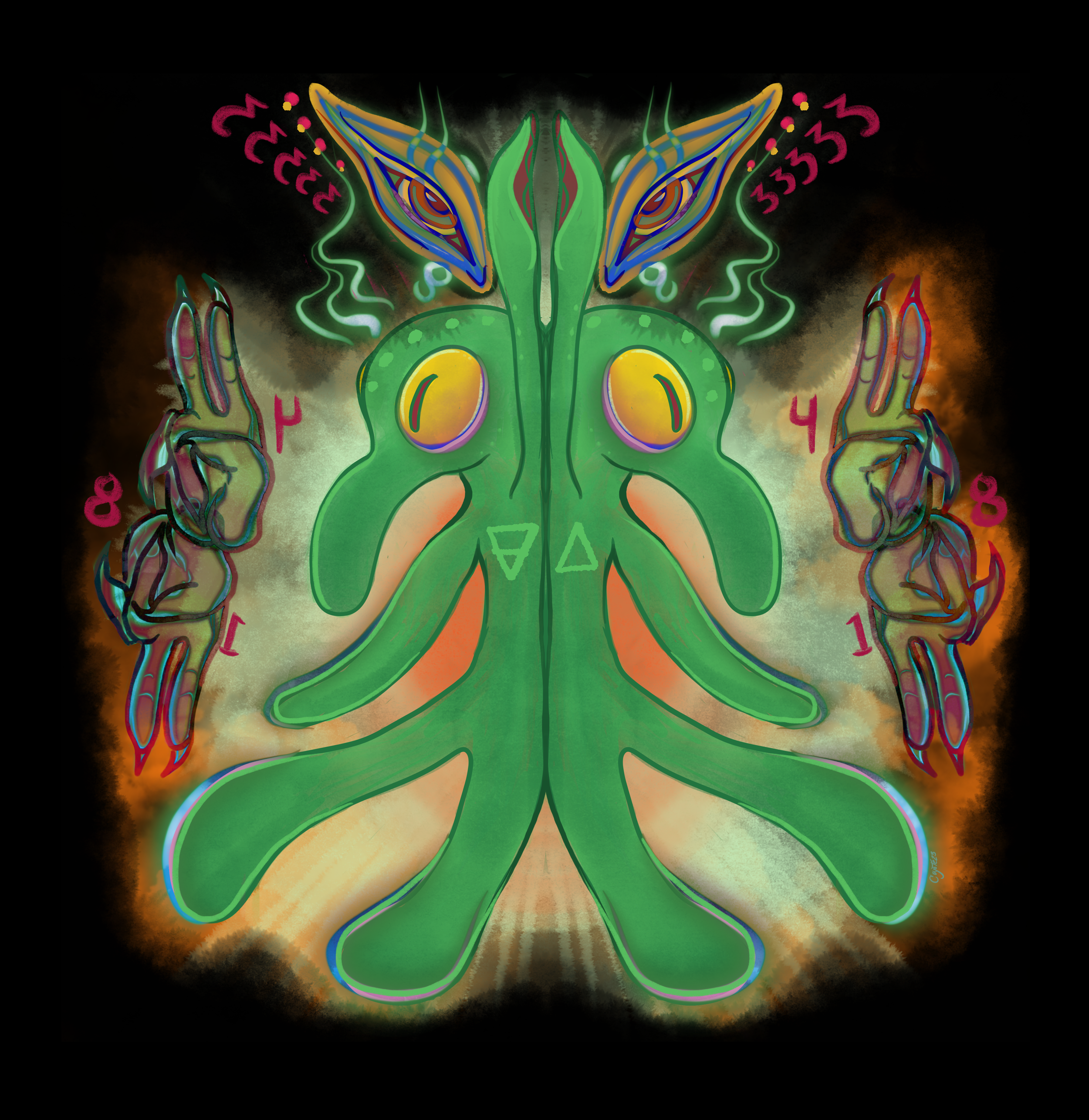 Digital artwork of a symmetrical, abstract creature with a green, plant-like body, large yellow eyes, and decorative face markings. It has intricate, colorful antennae and multiple limbs, with number markings and symbols on its hands and body, set ag
