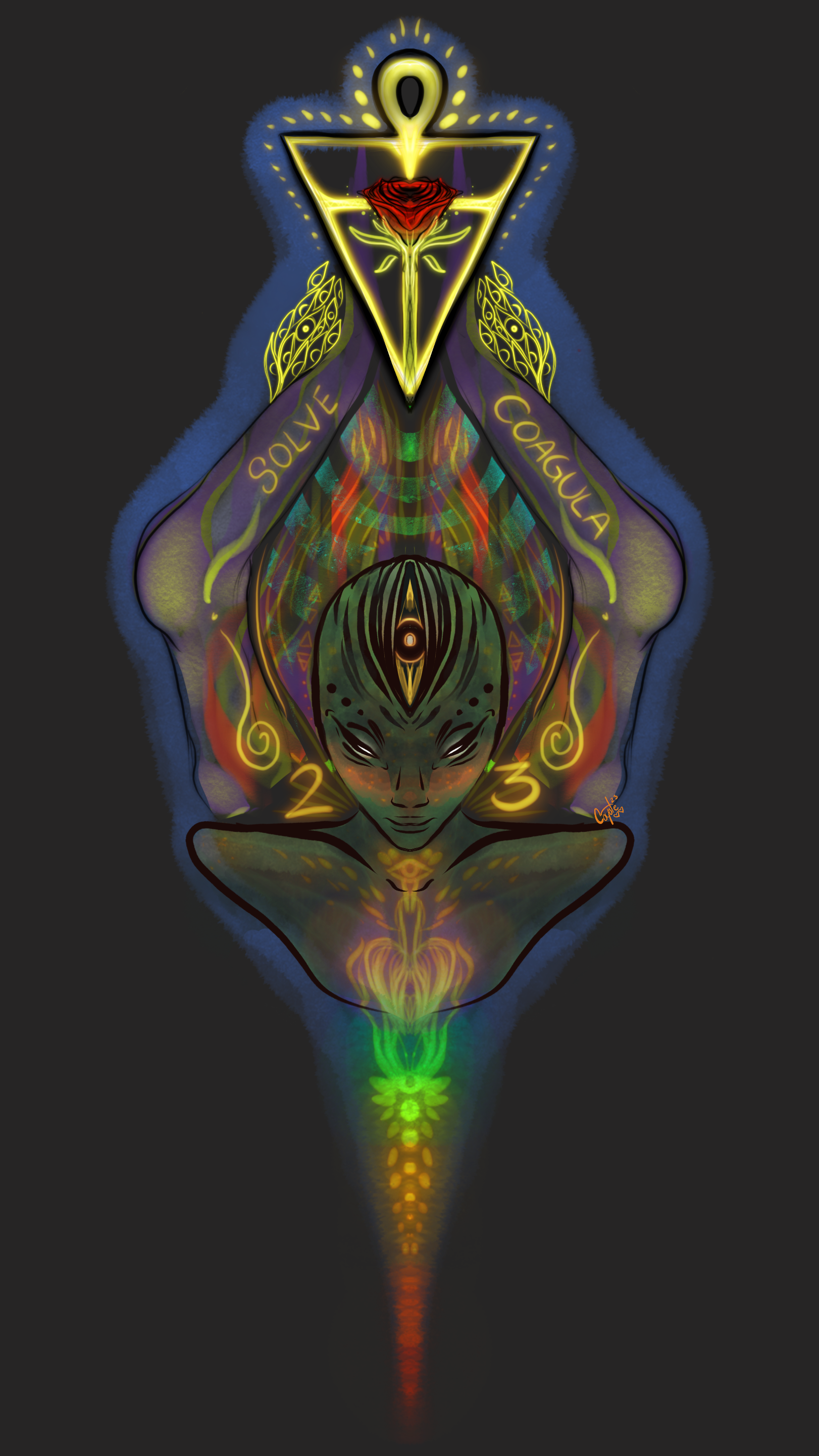 A colorful, neon-style illustration of a surreal female figure with an abstract face, geometric shapes, and symbols. The figure has a third eye on her forehead and words "solve" and "coagula" written on her arms. Bright colors radiate from her head a