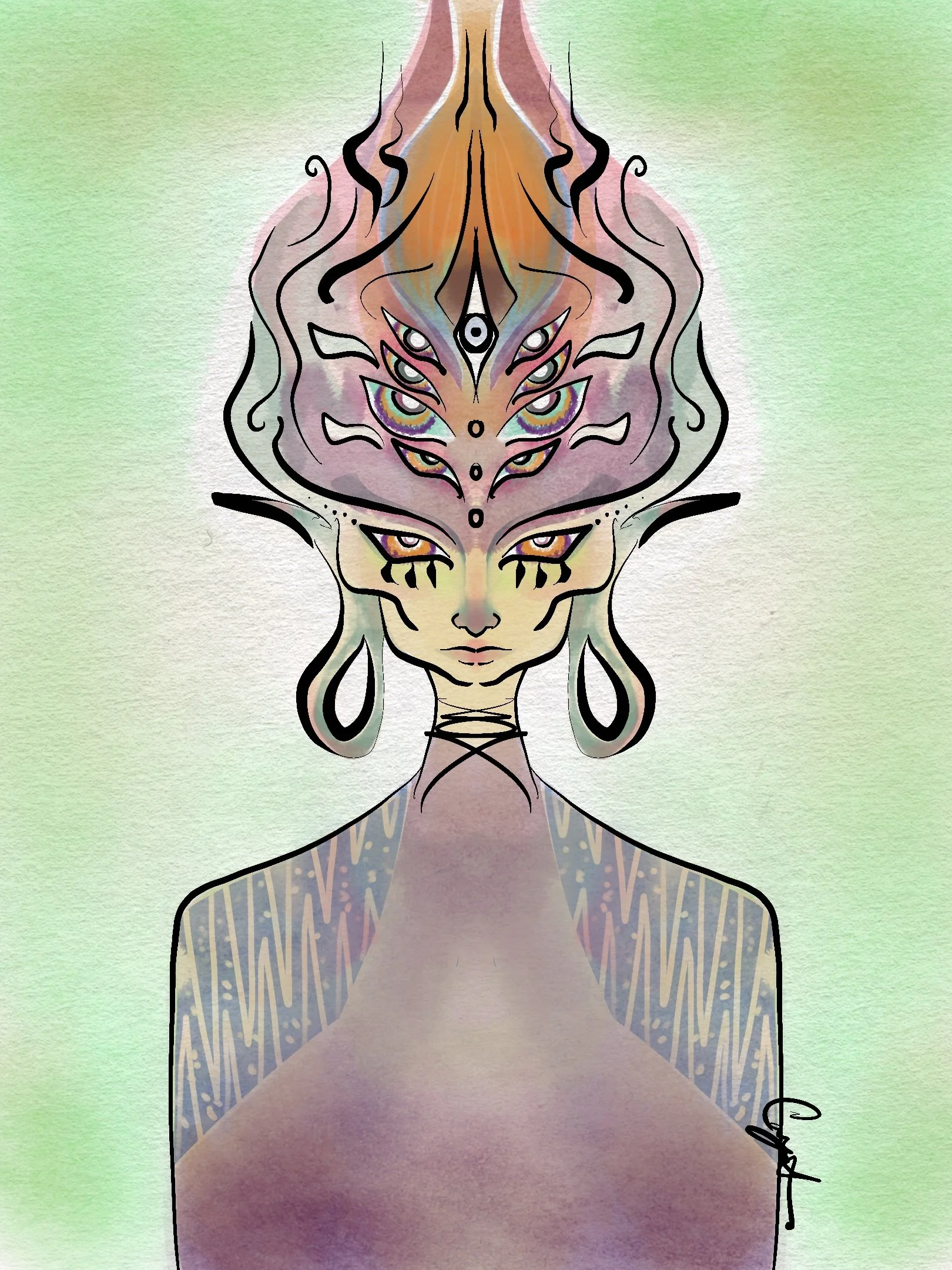 A digital illustration of a fantasy character with multiple eyes on her forehead, elaborate hair resembling a blooming flower with pastel shades, and intricate patterns on her shoulders and neck, set against a textured light green background.