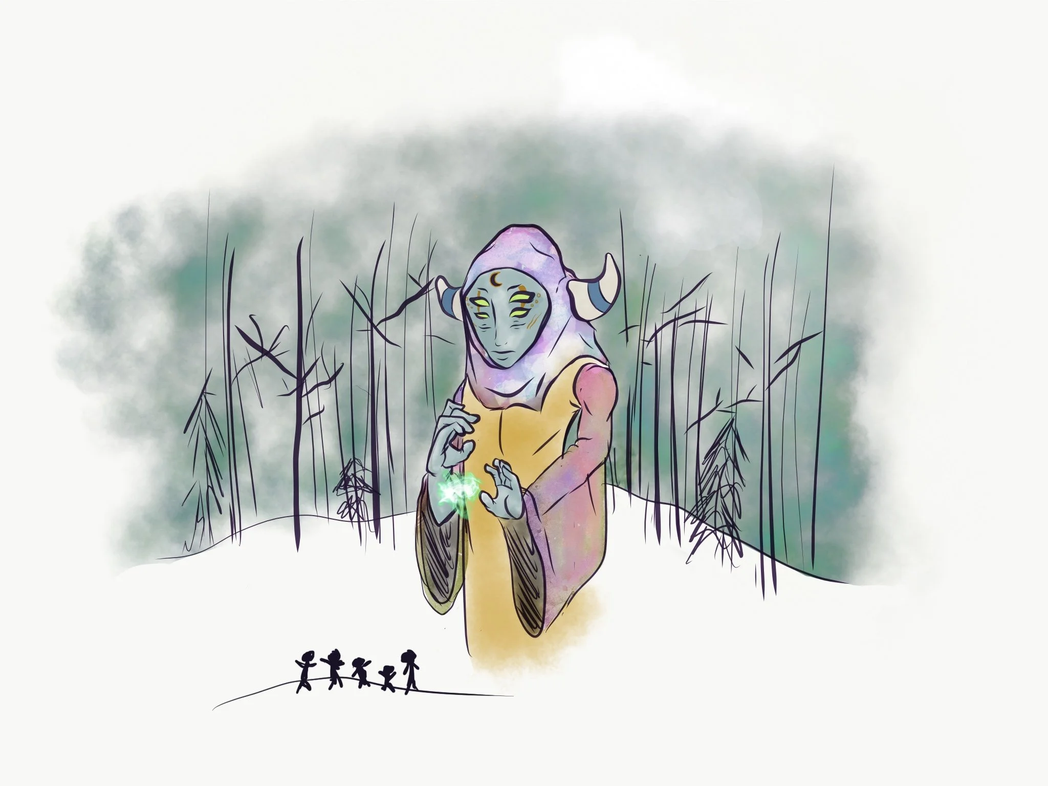 A mystical creature with blue skin, large horns, and a yellow dress holds a glowing green crystal in front of a foggy forest background, with small stick-figure children holding hands at the bottom.