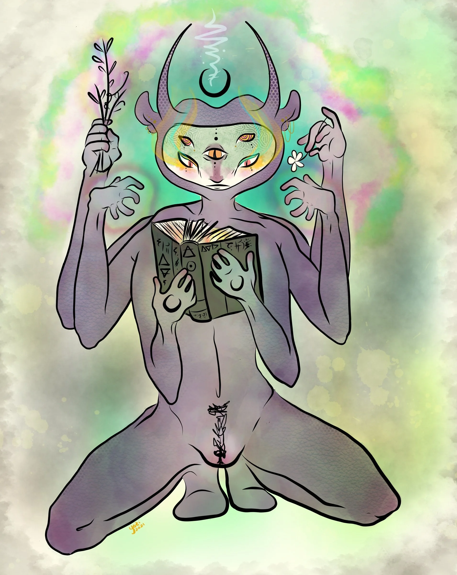 A mystical, humanoid creature with four eyes, horns, and a third eye on its forehead, holding a book with arcane symbols. The creature has multiple arms, one with a flower and another holding a branch, and is surrounded by a colorful, abstract backgr