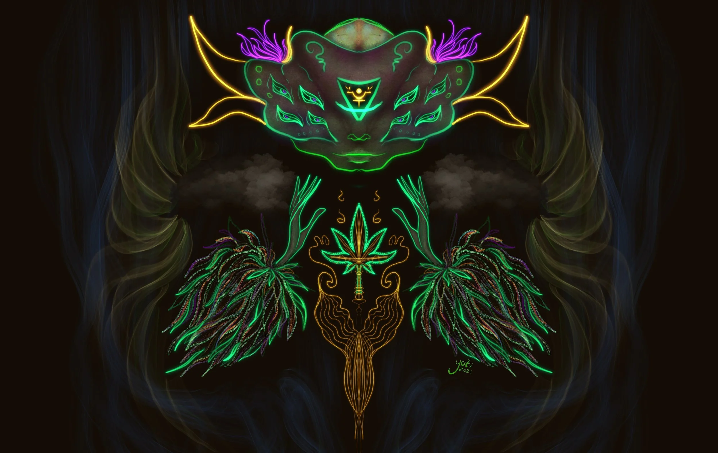 Neon art depicting a mythical creature with a lion-like face, multiple eyes, and horns, surrounded by abstract smoke and a large neon cannabis leaf with flames at the bottom, in vibrant green, purple, yellow, and orange colors.