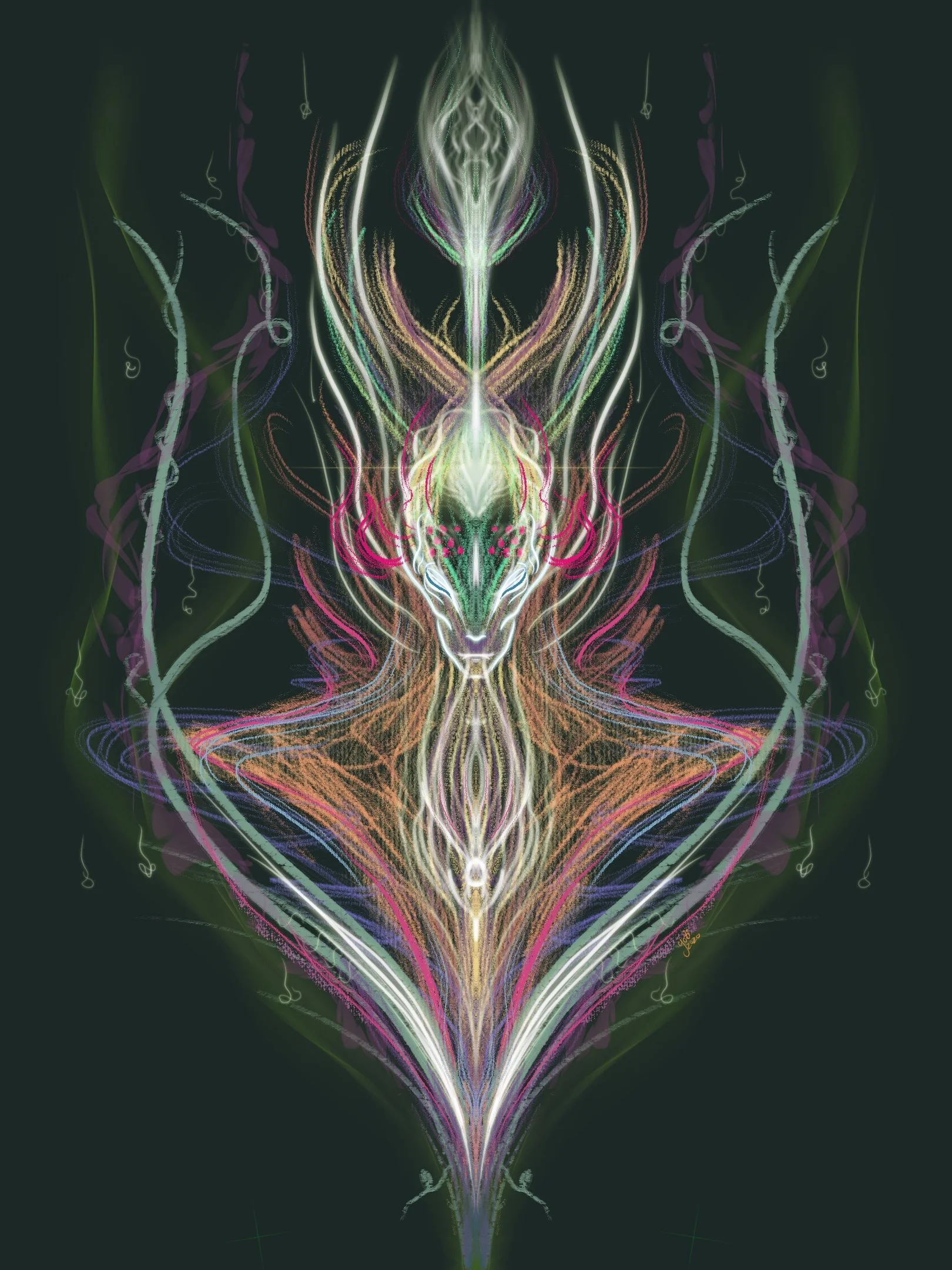 Abstract symmetrical neon light pattern resembling a mythical creature or face with intricate colorful lines and curves against a dark background.