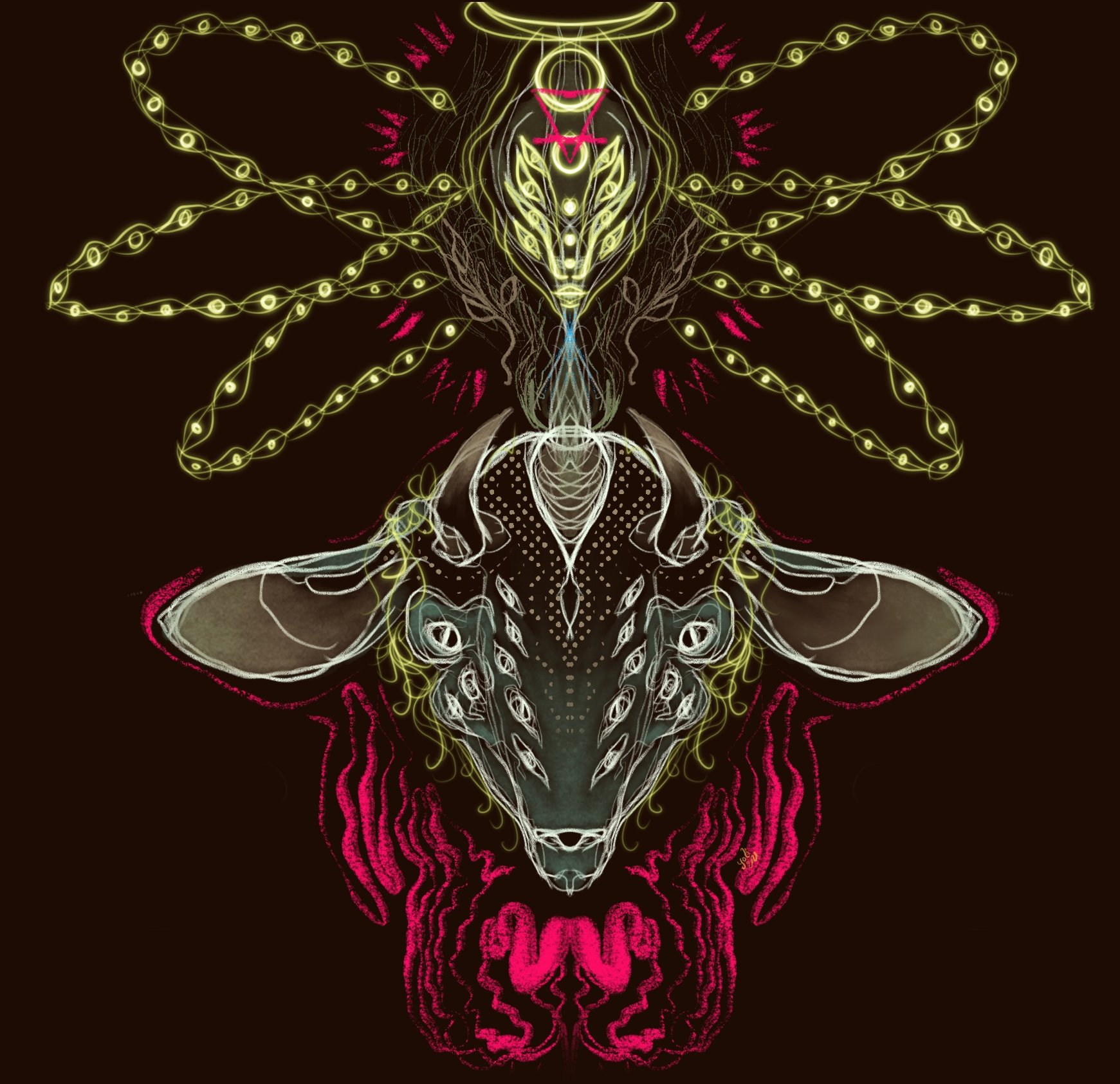 A symmetrical, abstract neon art illustration resembling a combination of a dragonfly, a cow, and a human face, with intricate glowing lines in yellow, pink, and green on a dark background.