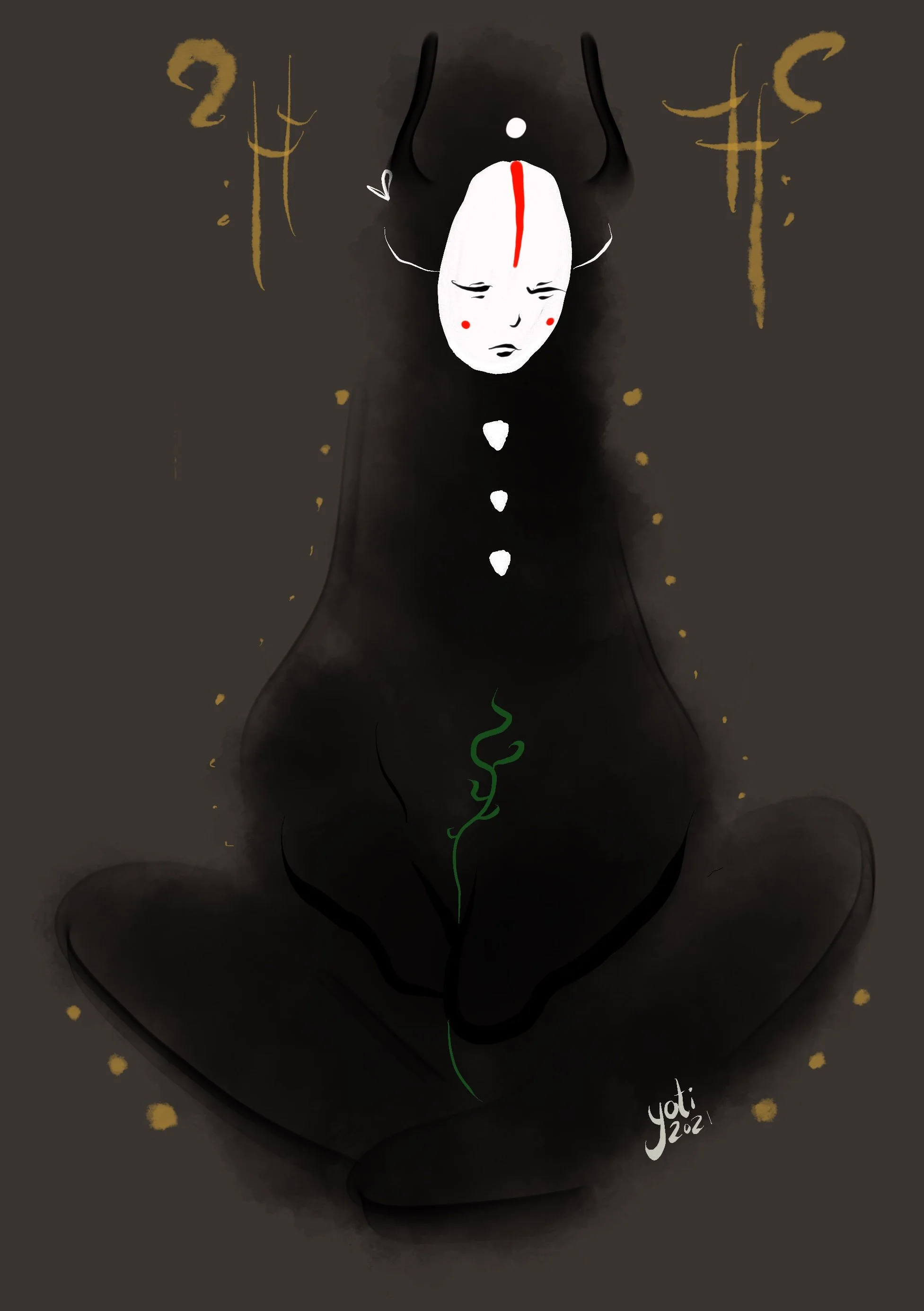 A dark, surreal illustration of a figure with a white face, red vertical line on forehead, and black hair, sitting in a meditative pose with legs crossed. The background is dark with gold symbols and dots, and green smoke rises from the figure's lap.